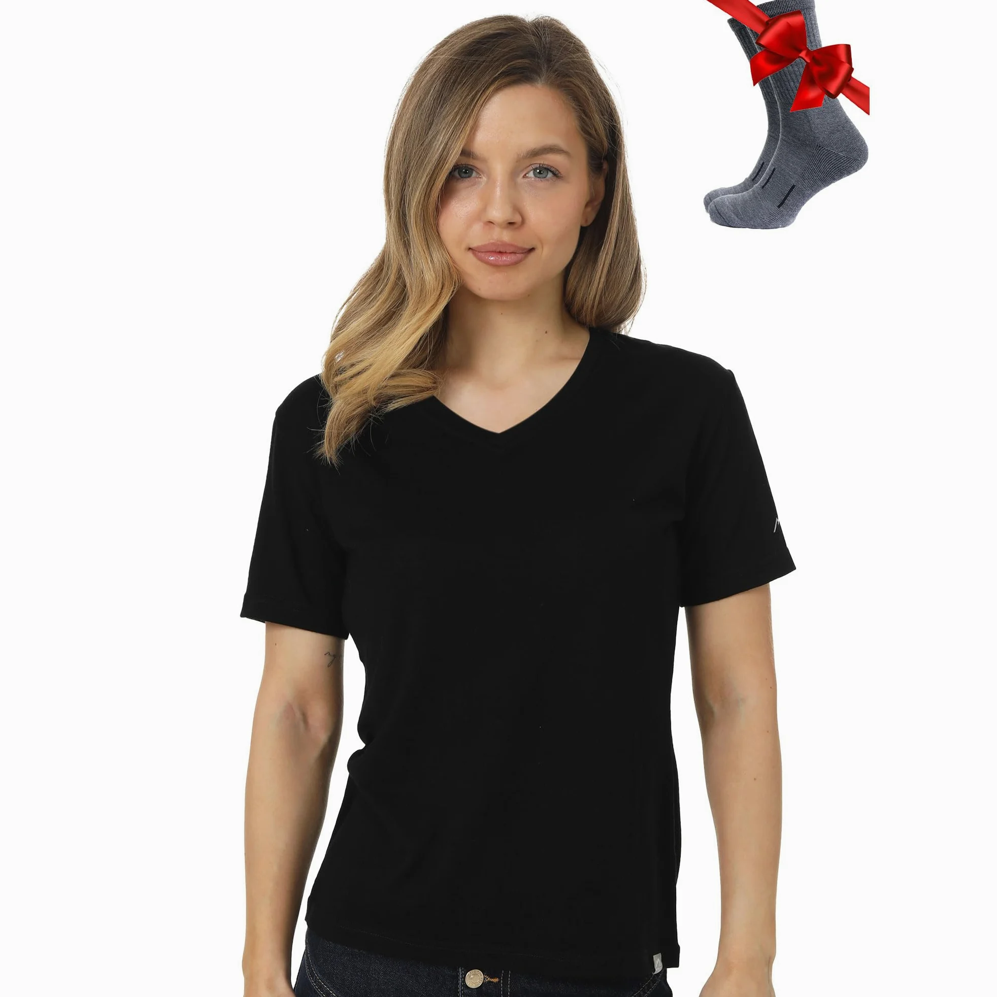 100% Merino Shirt Damen V-Ausschnitt - Merino Unterwäsche Damen - Sportshirt Wandershirt Schnell Trocknend, Atmungsaktiv, Anti Schweiss (XX-Large, Black V-Neck)