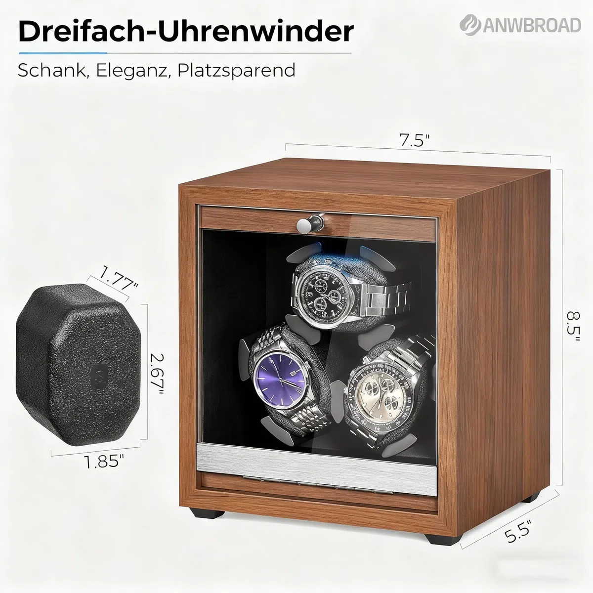 ANWBROAD Uhrenbeweger für Automatikuhren 3 Uhrenrotatoren mit LED und 4 Rotationsmodi Holz Superleiser Japanischer Motor Memory Foam-Kissen mit Adapter Geschenk für den Mann JWW013M