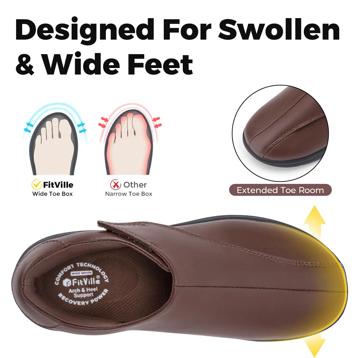 FitVille Damenschuhe Extra Weit Leder Sneaker mit Klettverschluss für breite Füße Weich Walking Freizeitschuhe