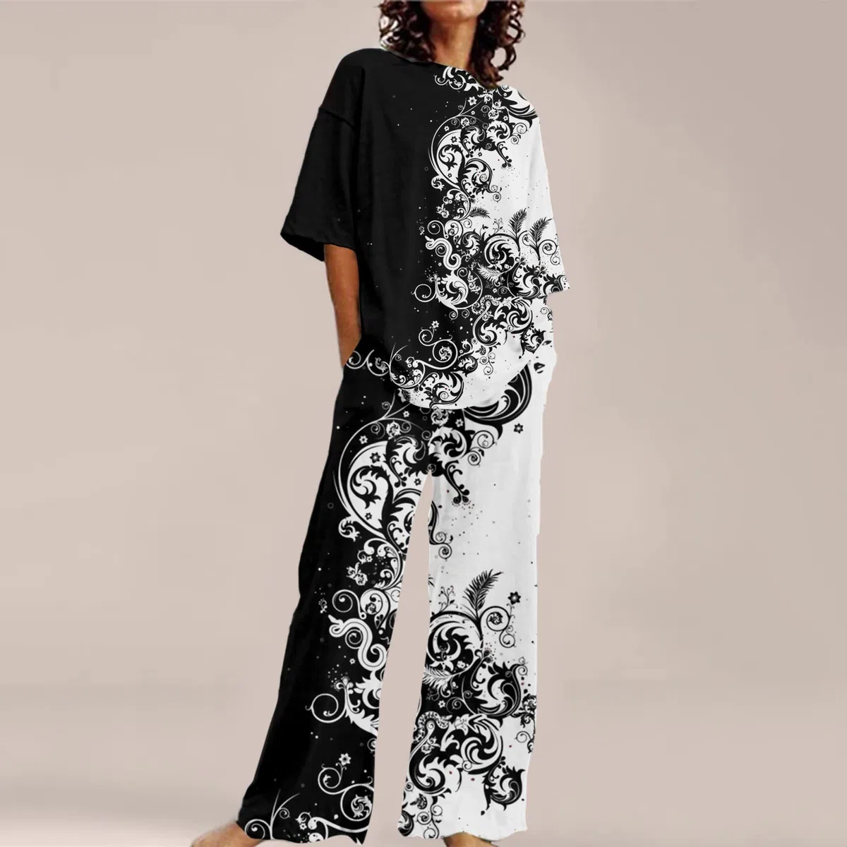 Zweiteiler Damen, Zweiteiler Damen Sommer Outfits Blumen Druck Kurzarm Tshirt Oberteile Lange Hosen Set Baggy Breite Beine Set 2 Teiler Damen Sommer Lang Leicht Hosenanzug Hausanzug