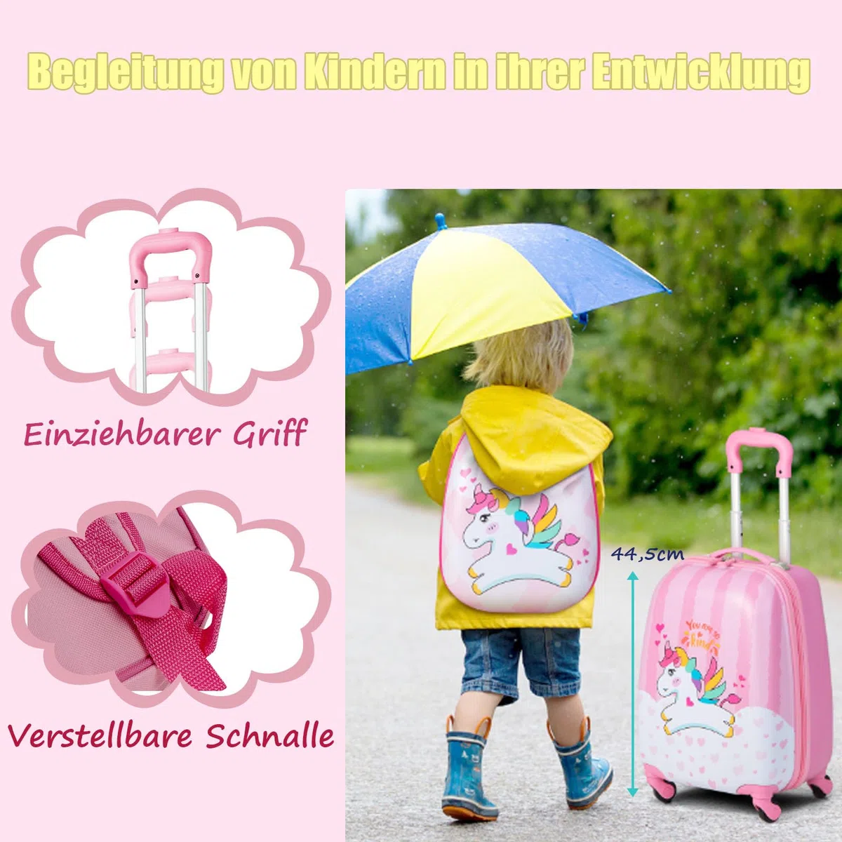 SOARS Kinderkoffer & Rucksack, Kindertrolley mit Rollen & verstellbarem Griff, Koffer Set, Kindergepäck, Reisekoffer Kinder Jungen & Mädchen, für Spielzeug, Kleidung (Einhorn A, 12"+16")