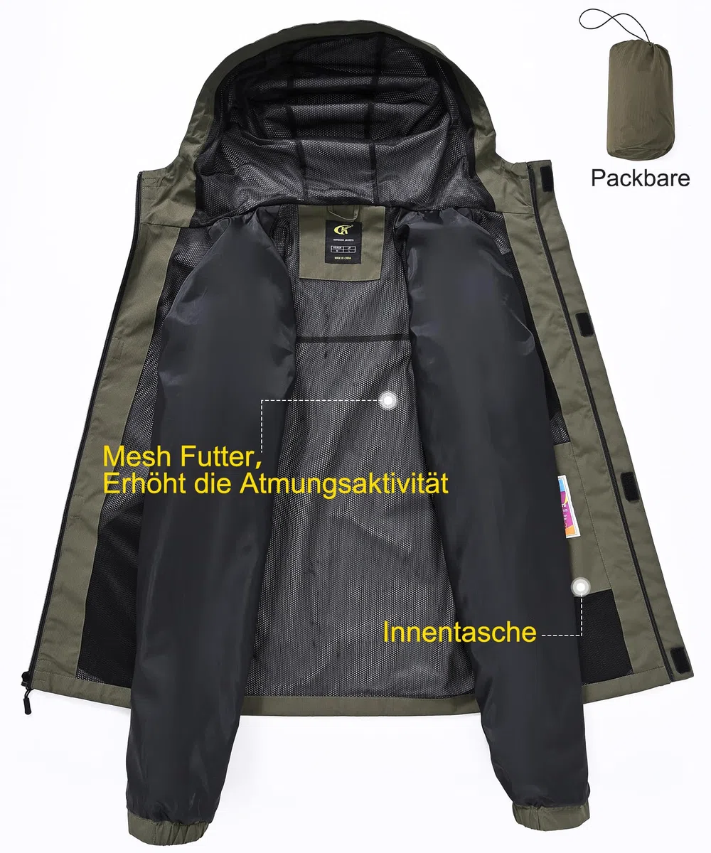 Huayuzh Regenjacke Herren Wasserdicht Atmungsaktiv Leichte Windbreaker Dünne Regenmantel Packbare Fahrrad Camping Wandern