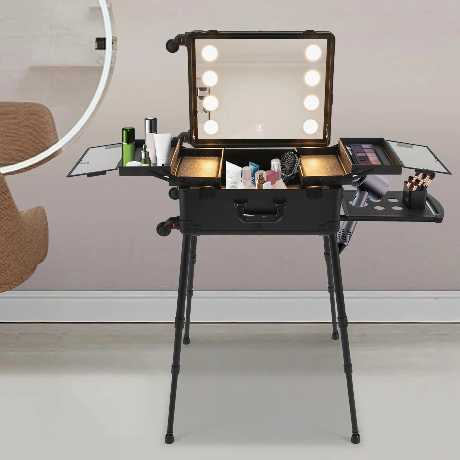 Profi Kosmetikkoffer Trolley, Multifunktional Schminkkoffer, Make Up Koffer mit Spiegel und LED Licht, Friseurkoffer mit Kardanisch & Verstellbare Beine