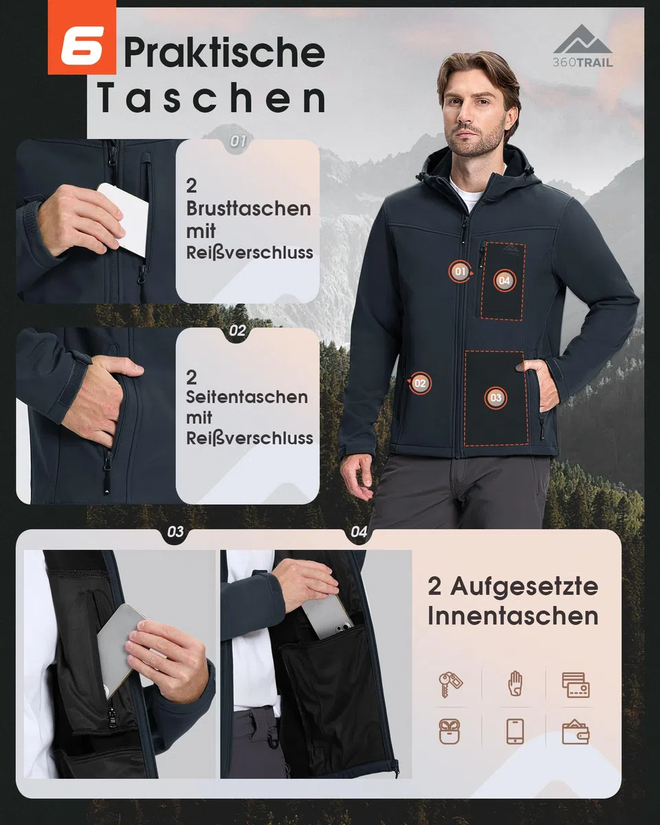 Softshelljacke Herren Wasserdicht Übergangsjacke Atmungsaktive Regenjacke Outdoorjacke Wanderjacke Funktionsjacke mit kapuze