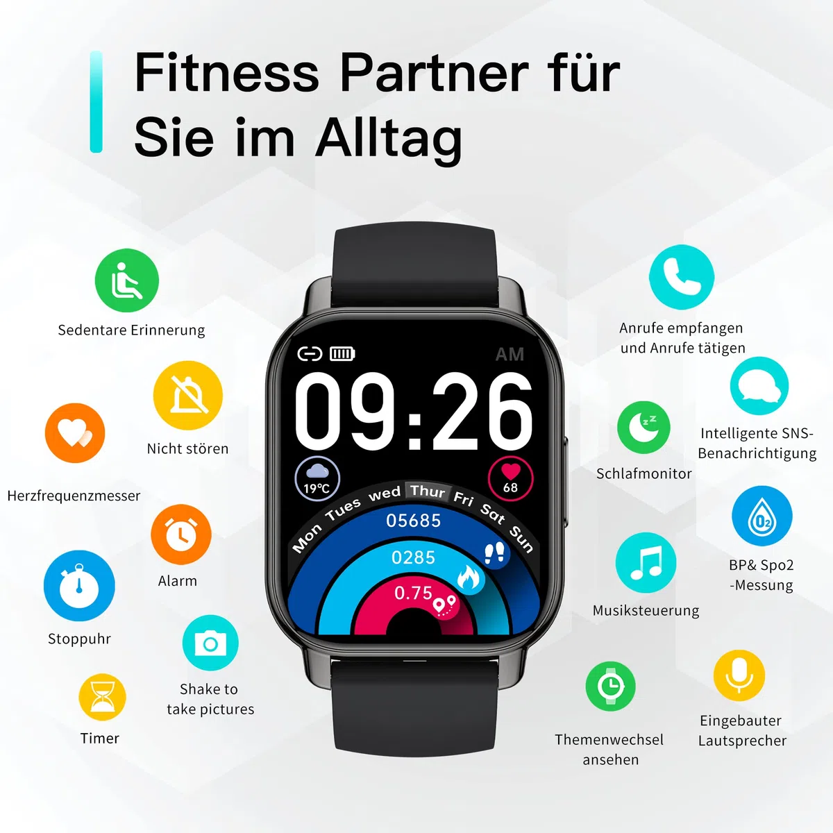 Popglory Smartwatch Herren Damen, 1.85" Fitnessuhr mit Blutdruckmessung Telefonfunktion Sprachsteuerung Herzfrequenz, 100+ Sportmodi Fitness Tracker Schrittzähler Schlaf SpO2, für Android iOS
