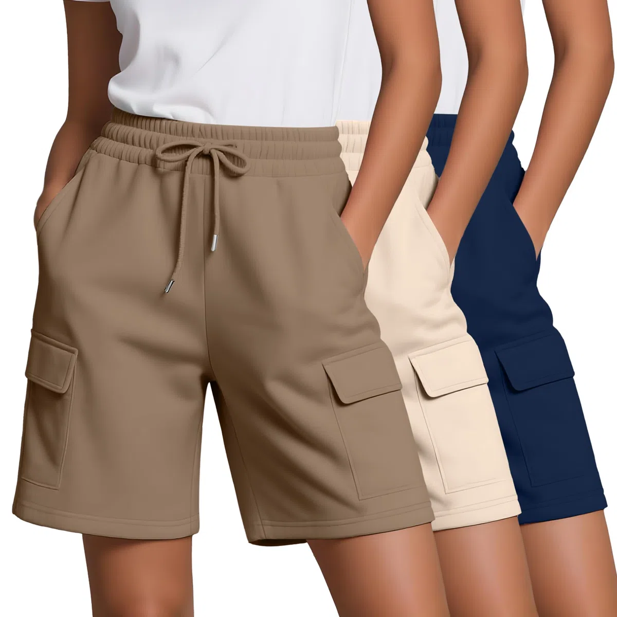 Neer 3er-Pack Damen Cargoshorts Bermuda Elastischer Bund mit Kordelzug Knielang Yogashorts Lässig mit Cargotaschen