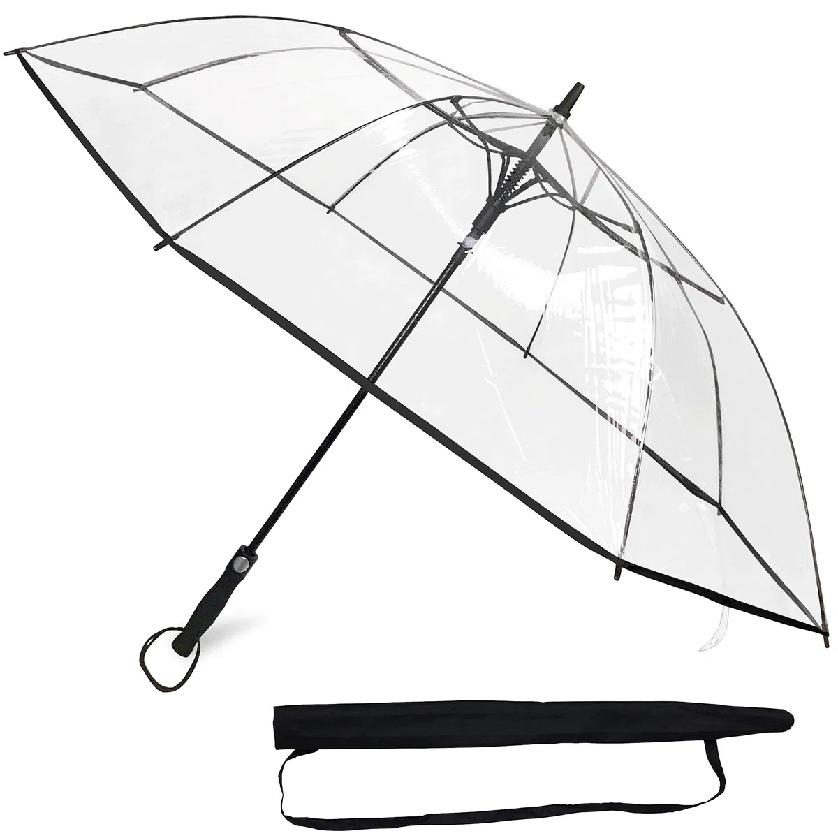 Regenschirm groß XXL Ø130 cm transparent, Komfort Druckknopf, mit Tragehülle, Automatik, Perfekt als durchsichtiger Partnerschirm oder Hochzeitsschirm - Rand schwarz
