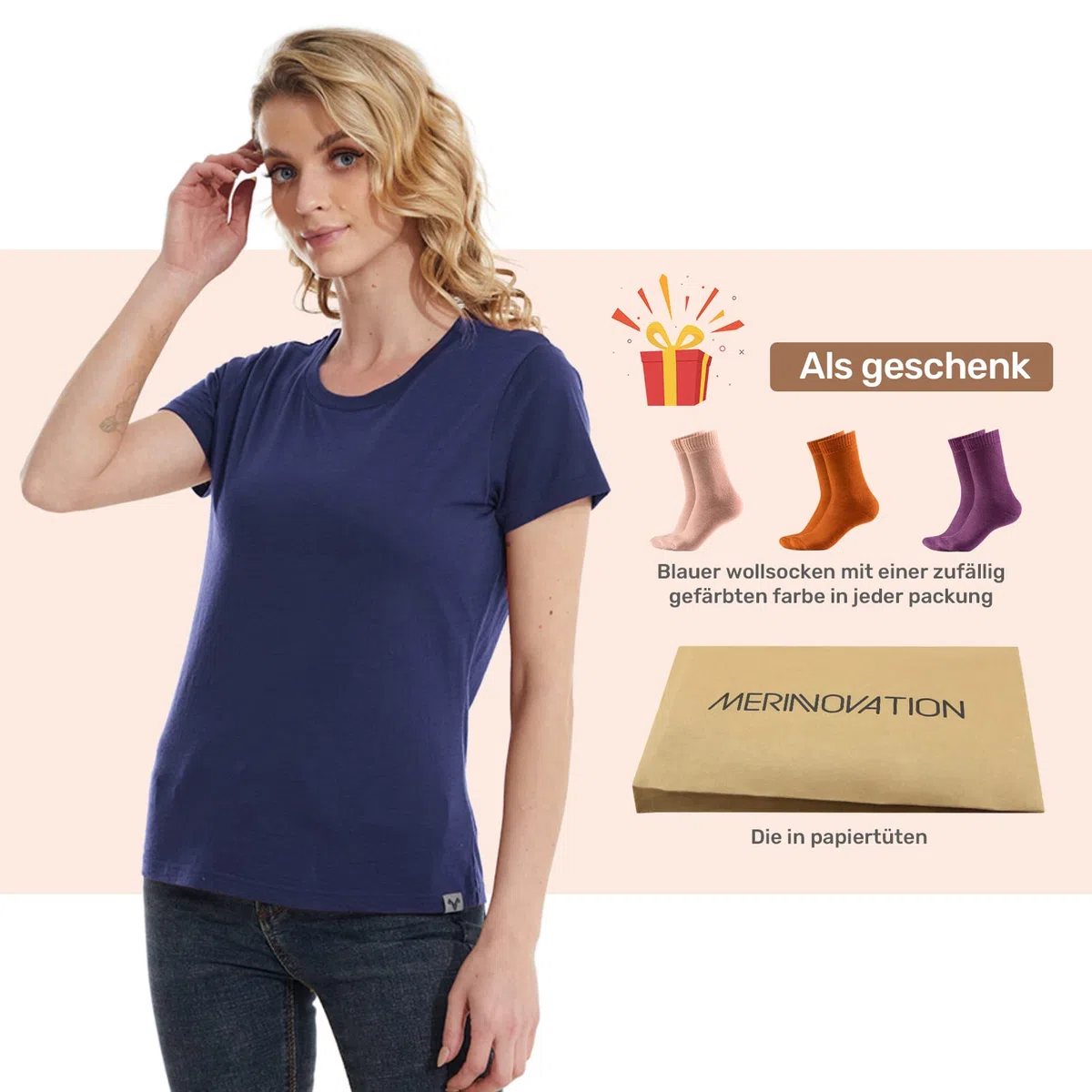 MERINNOVATION Merinowolle T-Shirt Damen Wandern und Outdoor Atmungsaktiv und Geruchsneutral Merino Unterwäsche Base Layer + Merinowolle Socks