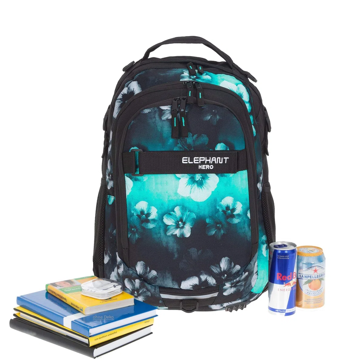 Elephant 3 Teile Set Schulrucksack Hero Signature Rucksack + Sporttasche + Mäppchen 12609 (Flower Türkis-Schwarz Verlauf)