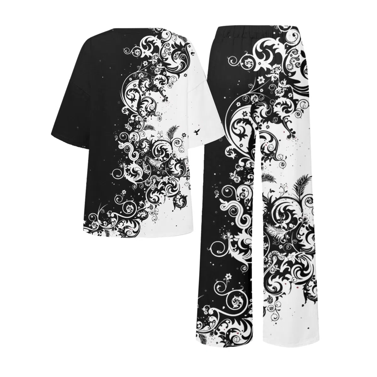 Zweiteiler Damen, Zweiteiler Damen Sommer Outfits Blumen Druck Kurzarm Tshirt Oberteile Lange Hosen Set Baggy Breite Beine Set 2 Teiler Damen Sommer Lang Leicht Hosenanzug Hausanzug