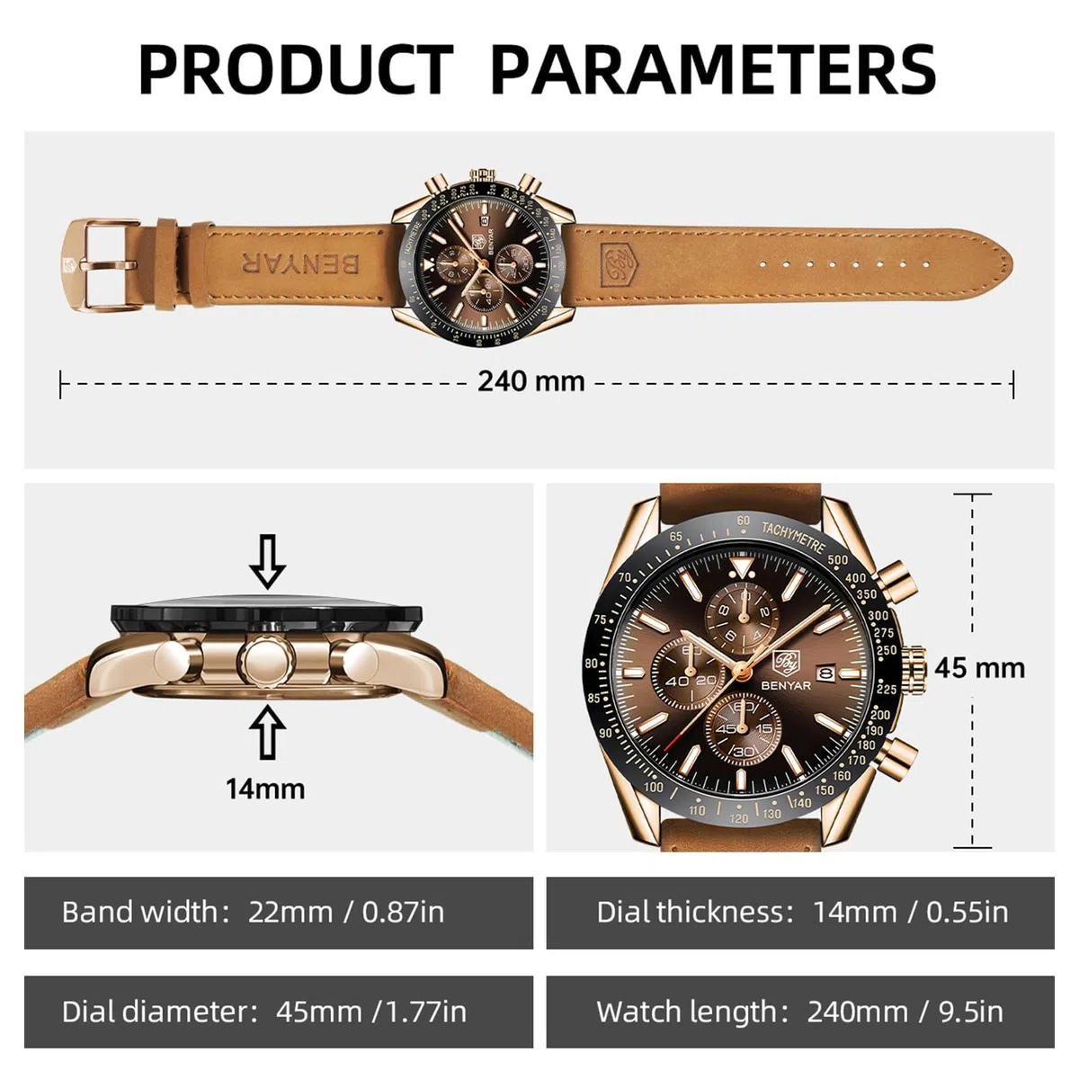 BENYAR BY herrenuhr Braun Leder Strap Quarz Chronograph Uhr Männer Datum Kalender Wasserdicht Armbanduhr Herren Sport mit Blau/Schwarz Zifferblatt