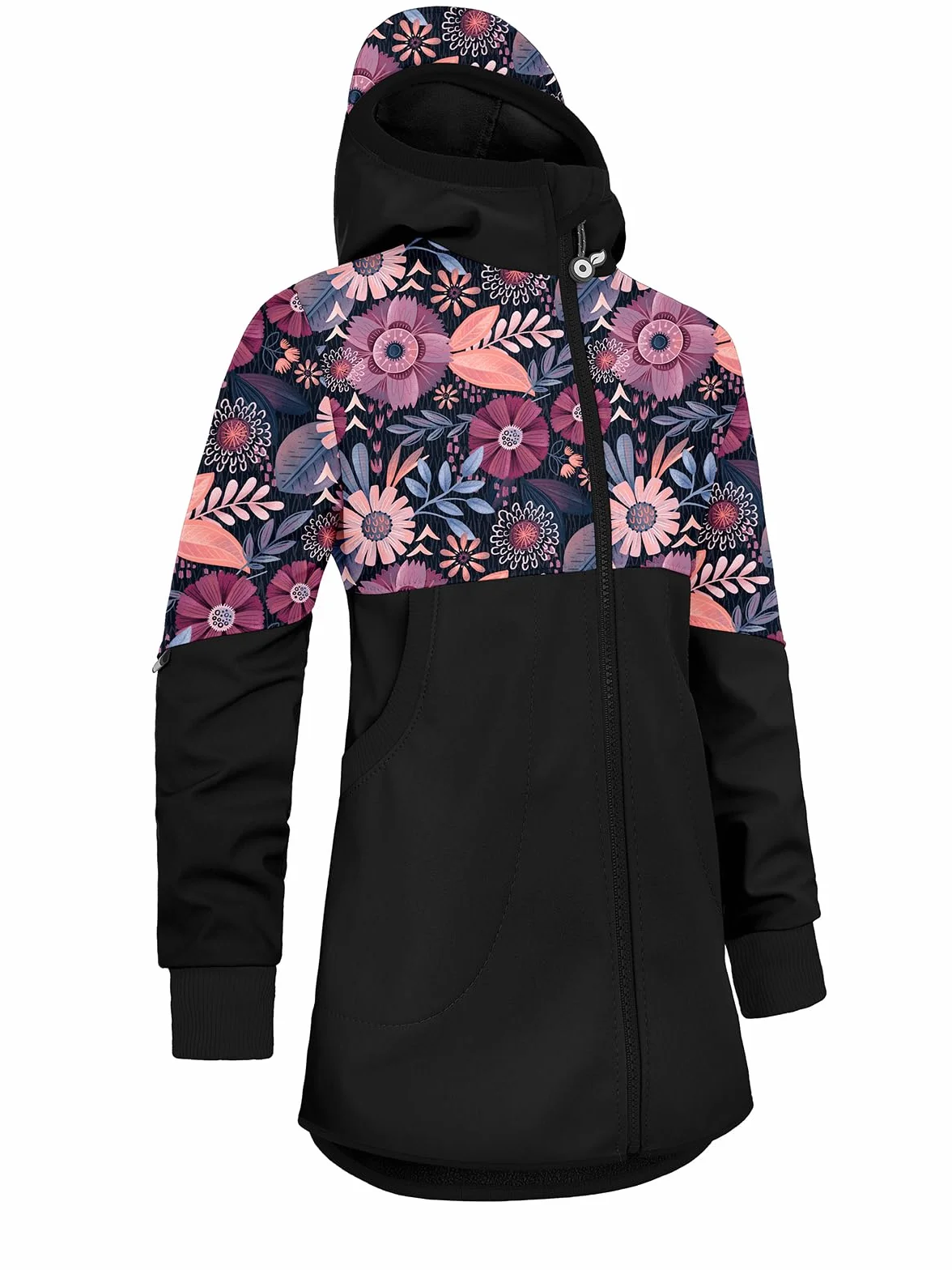 Mädchen Softshellmantel mit Fleece Street, Schwarz, Magische Blumen