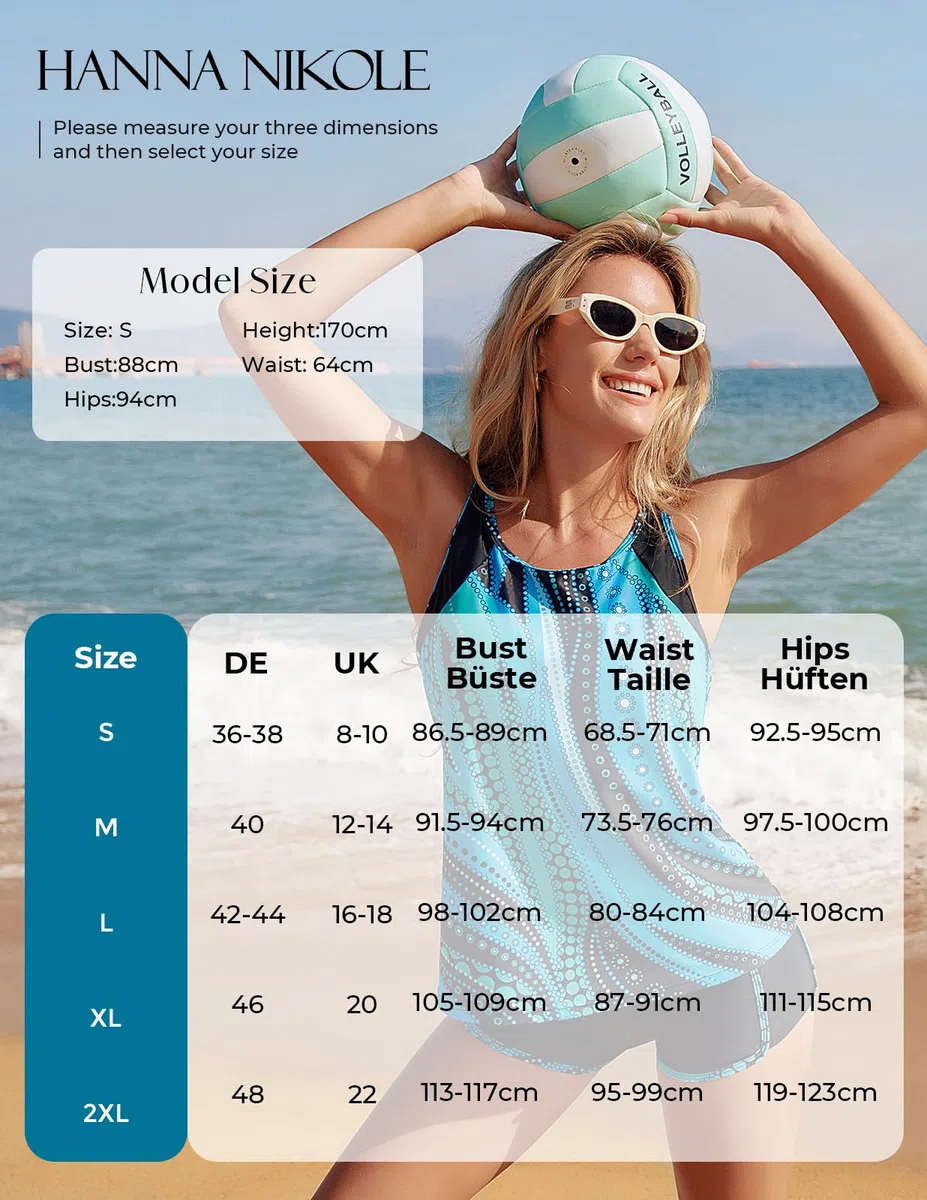 Hanna Nikole Tankini Damen 3 teilig Bauchweg Badeanzug,Sport Bademode,Push Up Bikini Oberteil Und High Waist Badeshorts Mit Taschen,Verstellbare Badebekleidung Schwimmanzug,Farbblock Strandmode