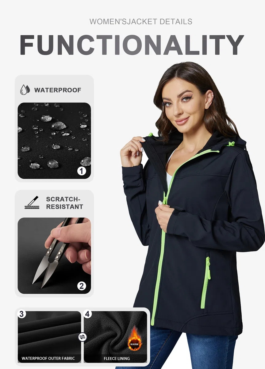Softshelljacke Damen Wasserdichte Übergangsjacke Atmungsaktive Regenjacke Winddichte Jacke Gefüttert Kapuze für Outdoor Wandern S-3XL