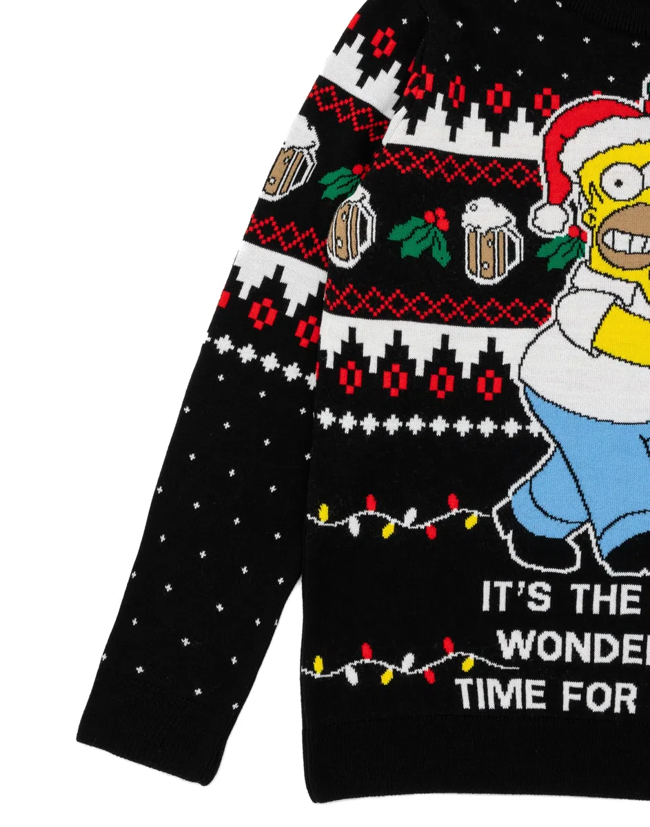 Simpsons Herren-Weihnachtspullover in Schwarz | Homer Simpson It's the Most Wonderful Time for a Beer Strickpullover für Erwachsene | Festlicher Weihnachts-Cartoon-Pullover aus Strickwaren