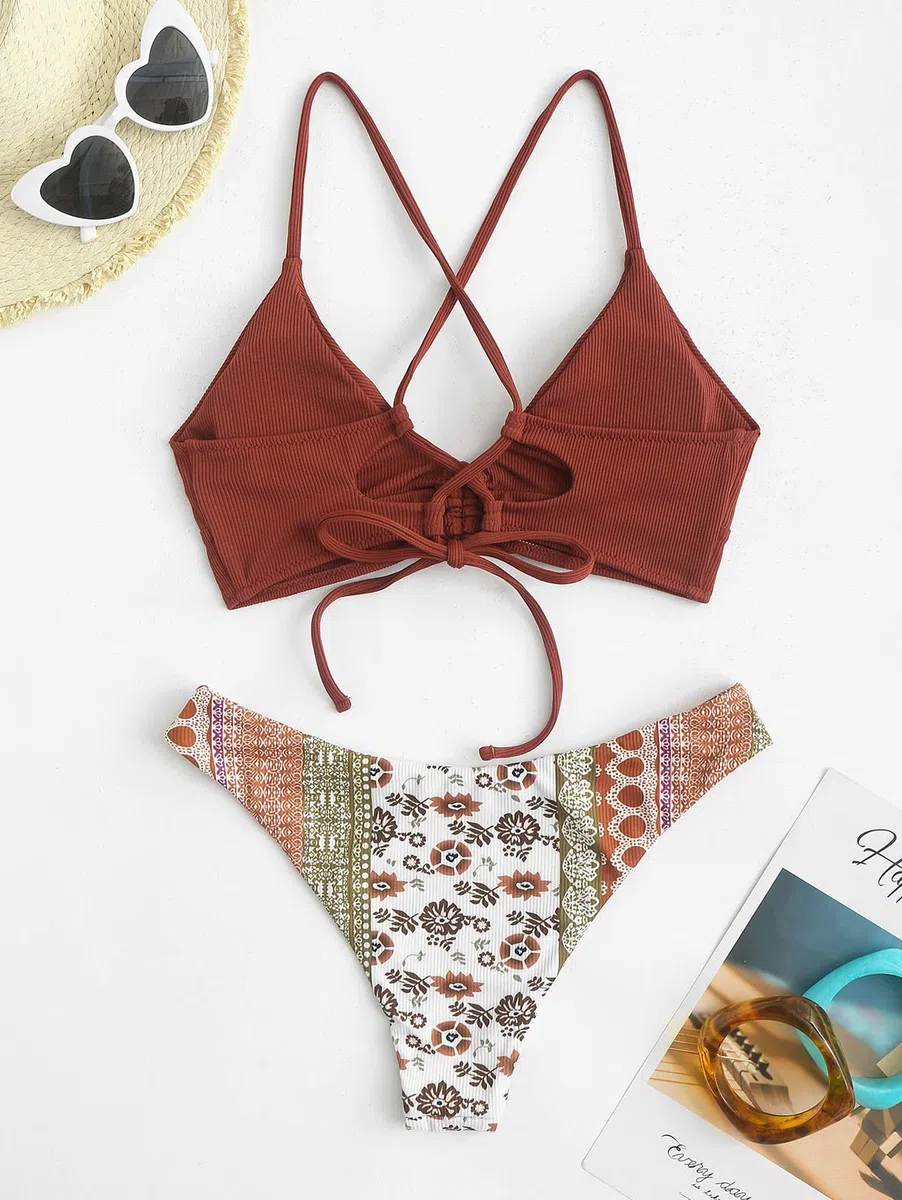 ZAFUL Damen Zweiteilig Bikini-Set mit verstellbarem BH Push-Up Rücken, Triangle Bustle Badehose mit Blummenmuster