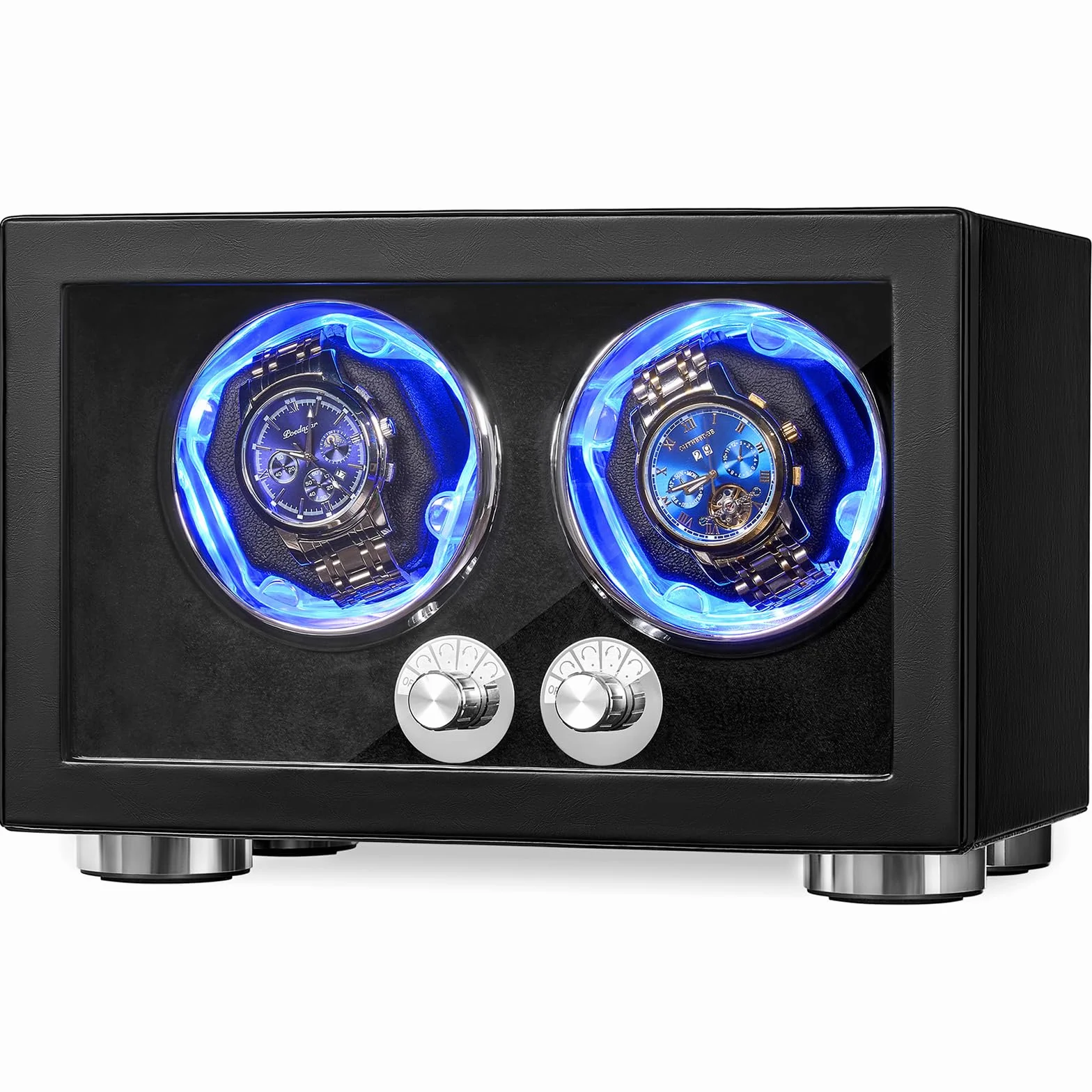 ANWBROAD Uhrenbeweger für Automatikuhren Doppel-Uhrenrotator mit LED und 4 Drehmodi Uhrendreher Superleiser Mabuchi-Motor Uhrenbeweger-Box mit Adapter Geschenk für Männer JWW004B