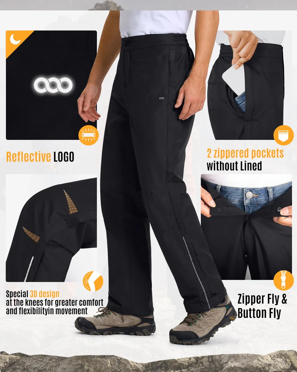 33,000ft Regenhose Herren Wasserdicht Full Zip Wanderhose, Atmungsaktiv 2-Lagen Überziehhose Fahrrad Hose, Winddicht Outdoorhose Funktionshose Schwarz XXL Kurz