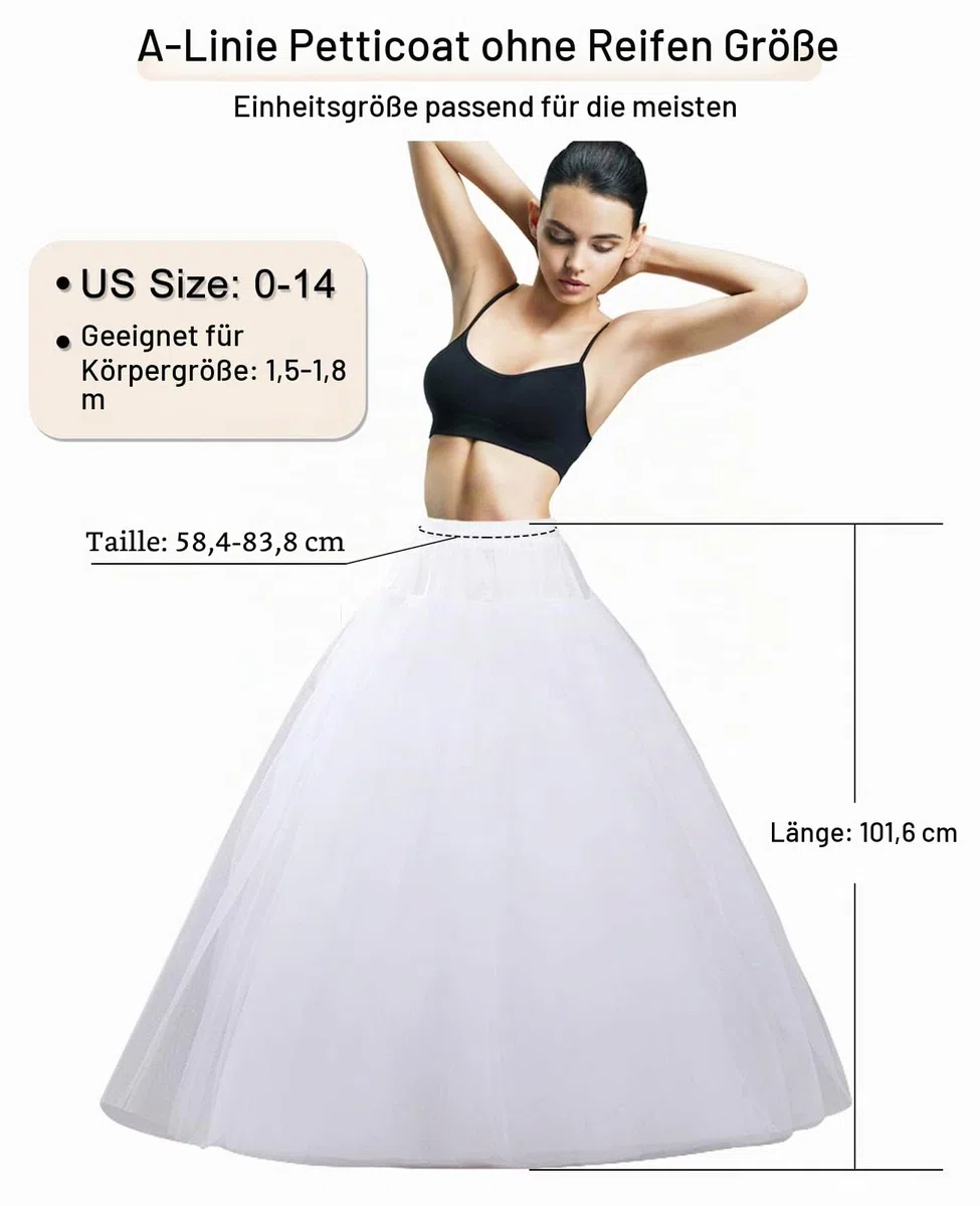 Hoopless Petticoat Crinoline Unterrock Rock 6 Schichten bodenlang Ballkleid Petticoat Unterrock Slip für Hochzeitskleid