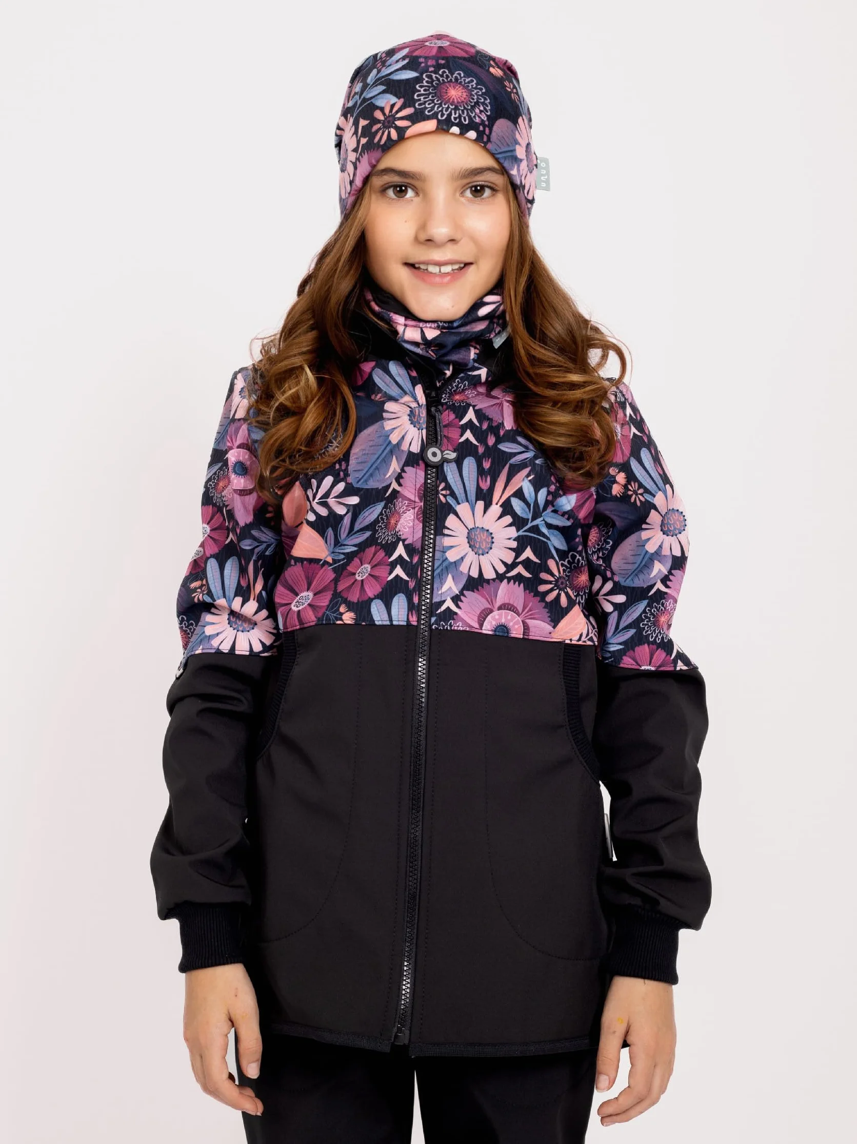 Mädchen Softshellmantel mit Fleece Street, Schwarz, Magische Blumen