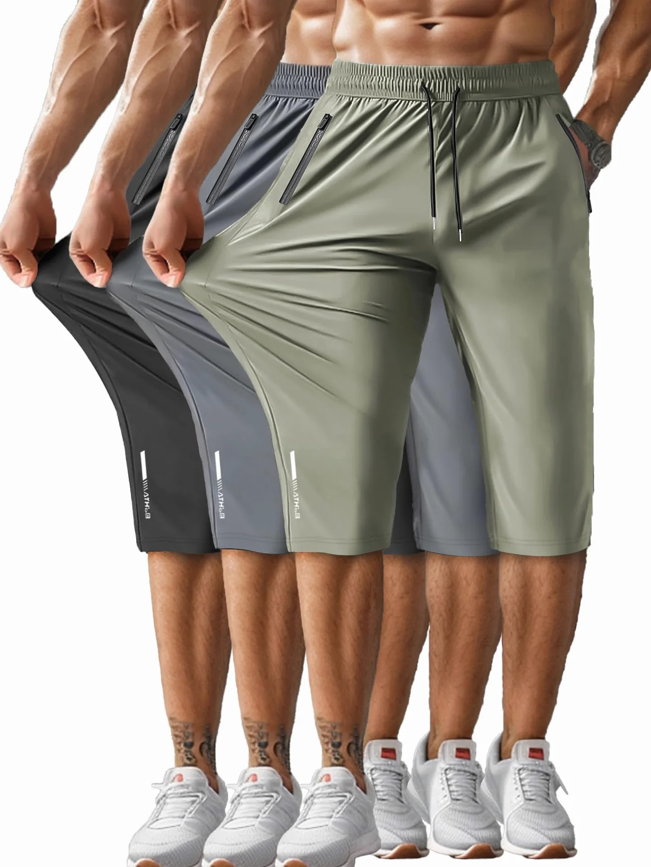 Hidkat Herren-Caprihose,3/4-Jogginghose,Fitness/Training/Wandern,Knielang,leicht,schnell trocknend,mit Reißverschlusstaschen