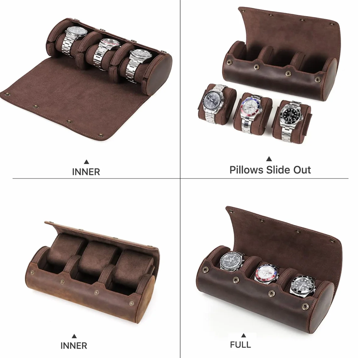 Hiram Echtes Leder 3 Uhren Reiseetui Rolle Handgefertigte Reiseaufbewahrung Uhrenbox Tragbarer Schmuck Organizer