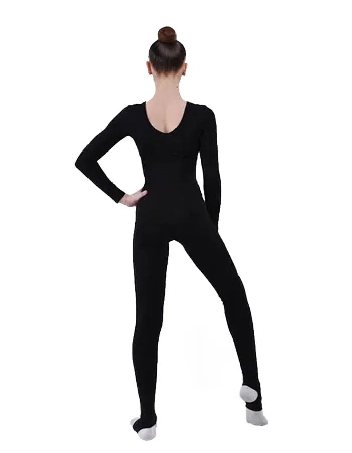Gymnastikoverall Mädchen Langarm mit Steigbügel – für Rhythmische Sportgymnastik, Ballett & Tanz | 4-Wege-Stretch, atmungsaktiv, 90% Polyamid, Schwarz