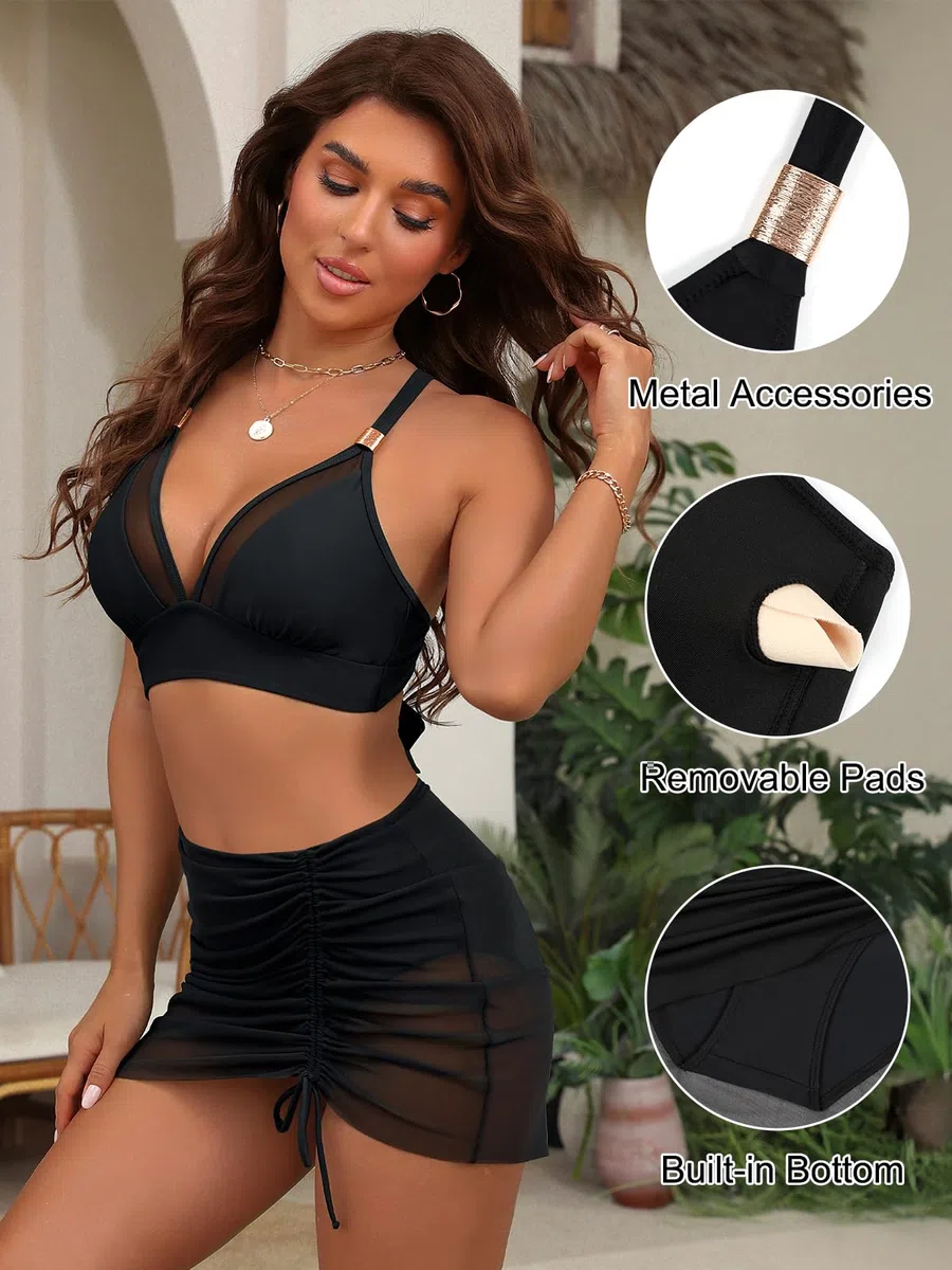 Blooming Jelly Damen-Bikini-Set, hoch gewaschen, Bauchkontrolle, Badeanzüge, kurviger Netz-Baderock