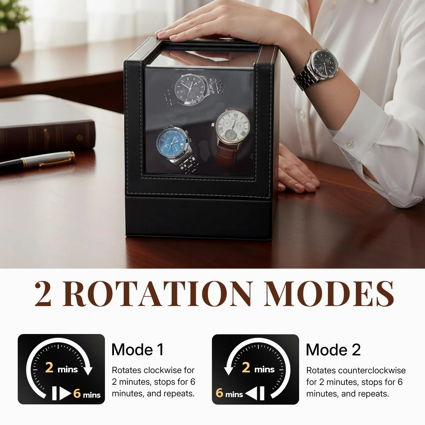 Mcbazel Automatischer Uhrenbeweger für 3 Uhren, Watch Winder Leder-Uhrenbox mit Silent-Motor, 2 Rotationsmodi, Display-Box für Uhrenkollektion