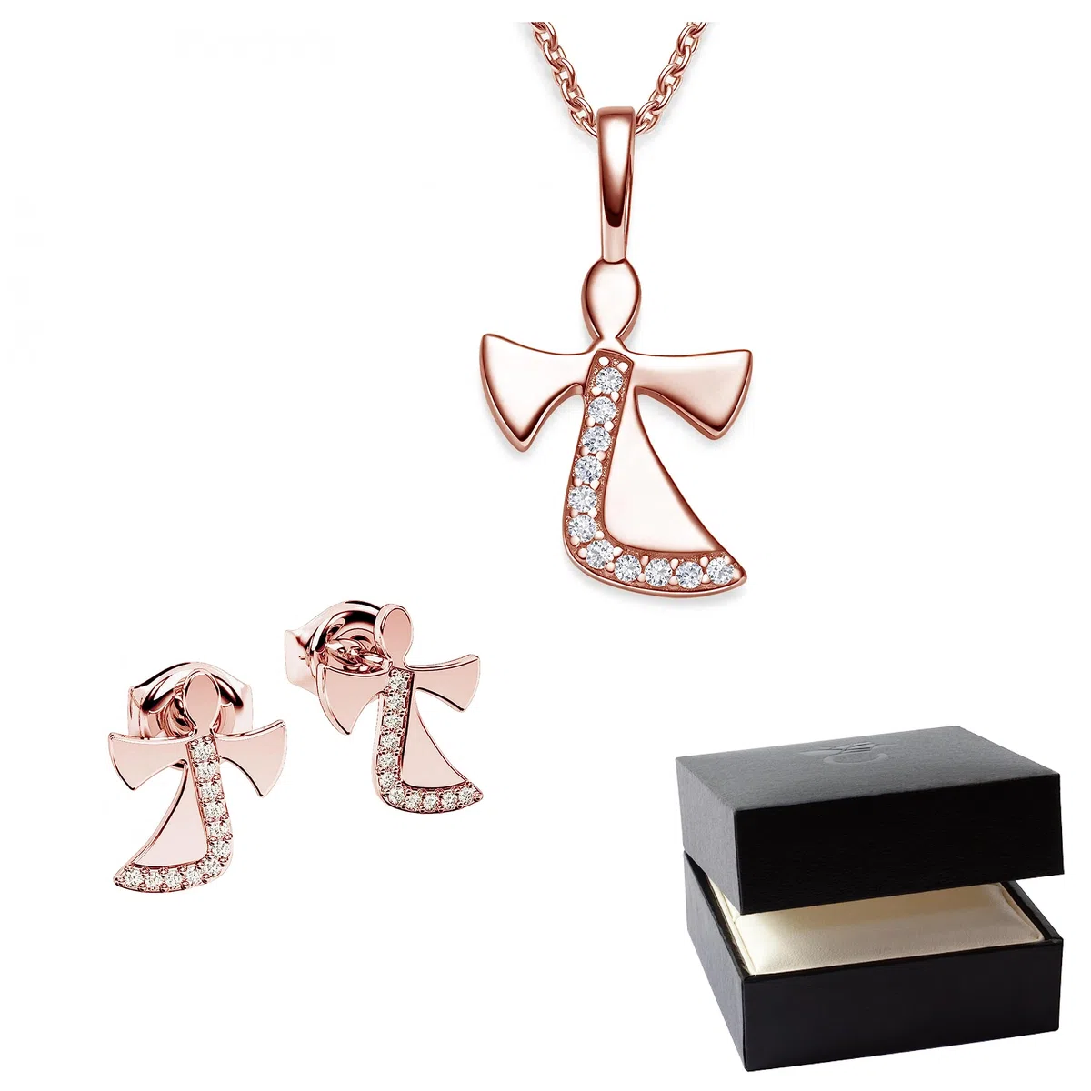 Schmuckset Mädchen Rosegold (Silber 925 vergoldet) Engel Kette Kommunion | Geschenke für Mädchen Schmuck Schutzengel Kette Kinder Geburtstag Taufe Geschenke zur Geburt Kinderkette Halskette Ohrringe