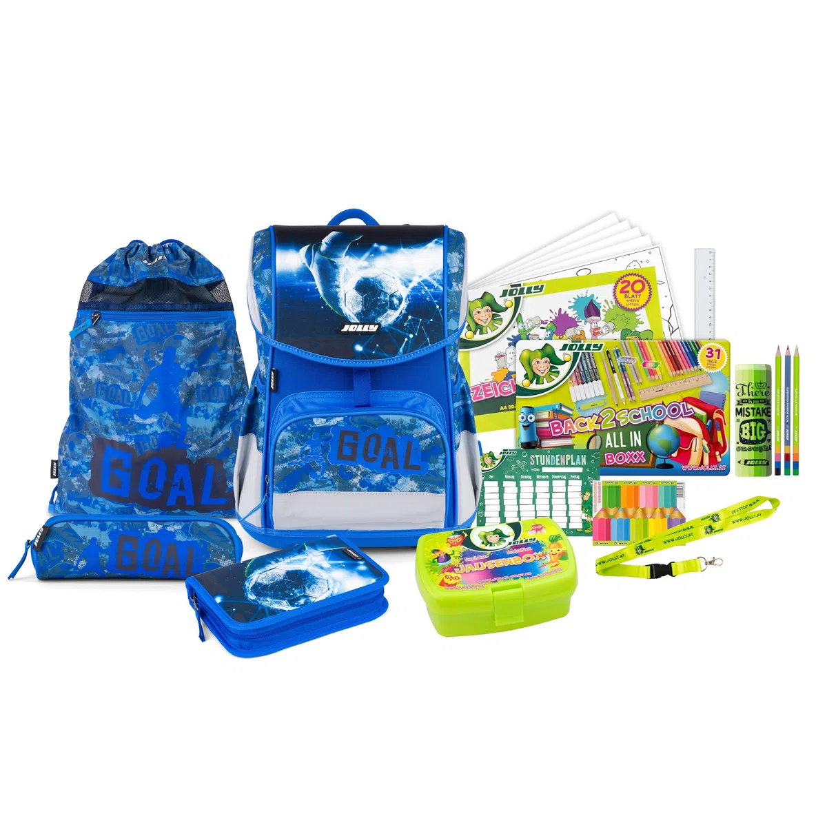 Jolly Schultaschenset – Ergonomic Flexi, 46-Teilig, inkl. Turnbeutel, Schüttelpennal und Federpennal, höhenverstellbarer Rücken mit Push-System, an Kindergröße anpassbar, Blau