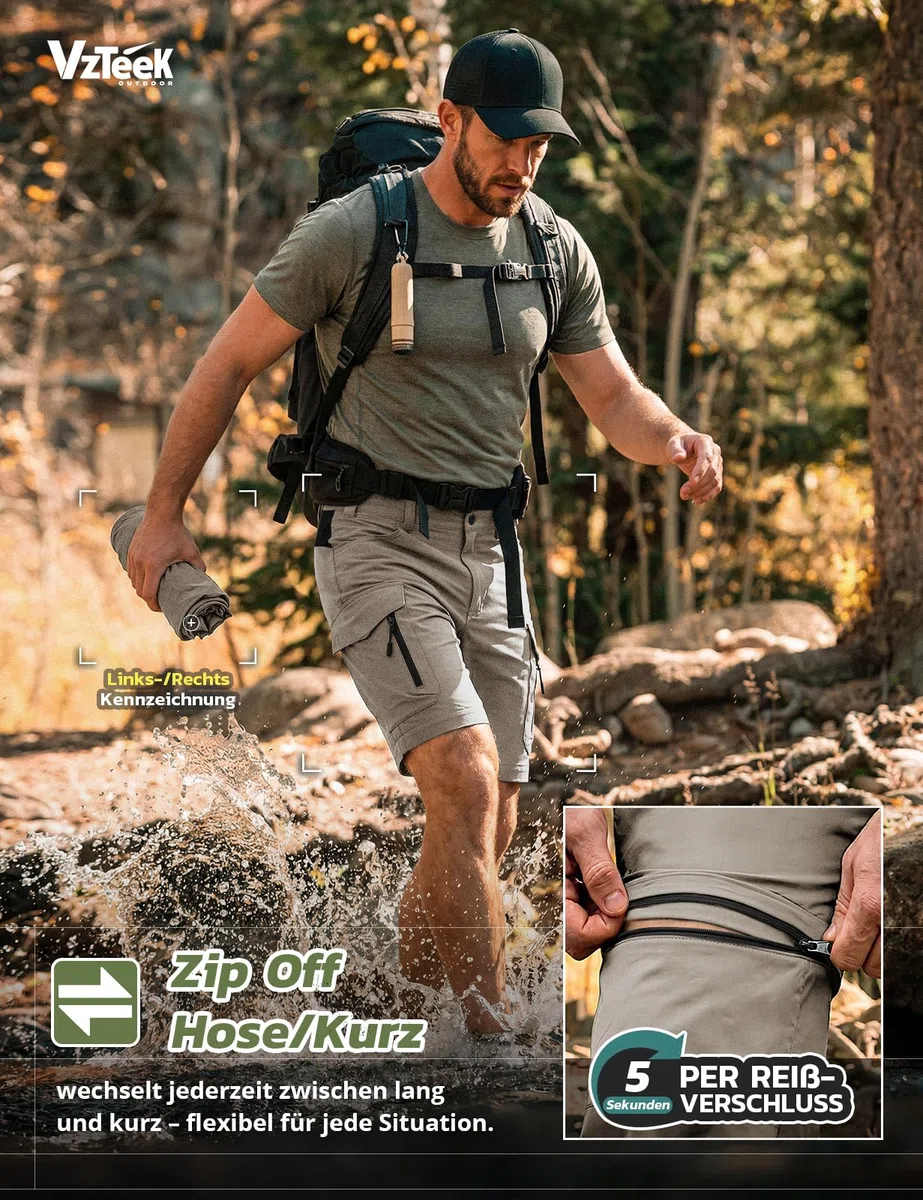 Herren Wanderhose Zip Off Trekkinghose Outdoorhose Sommer Softshell Stretch Hose Kurz für Wandern,Baggy,Fahrrad,arbeits