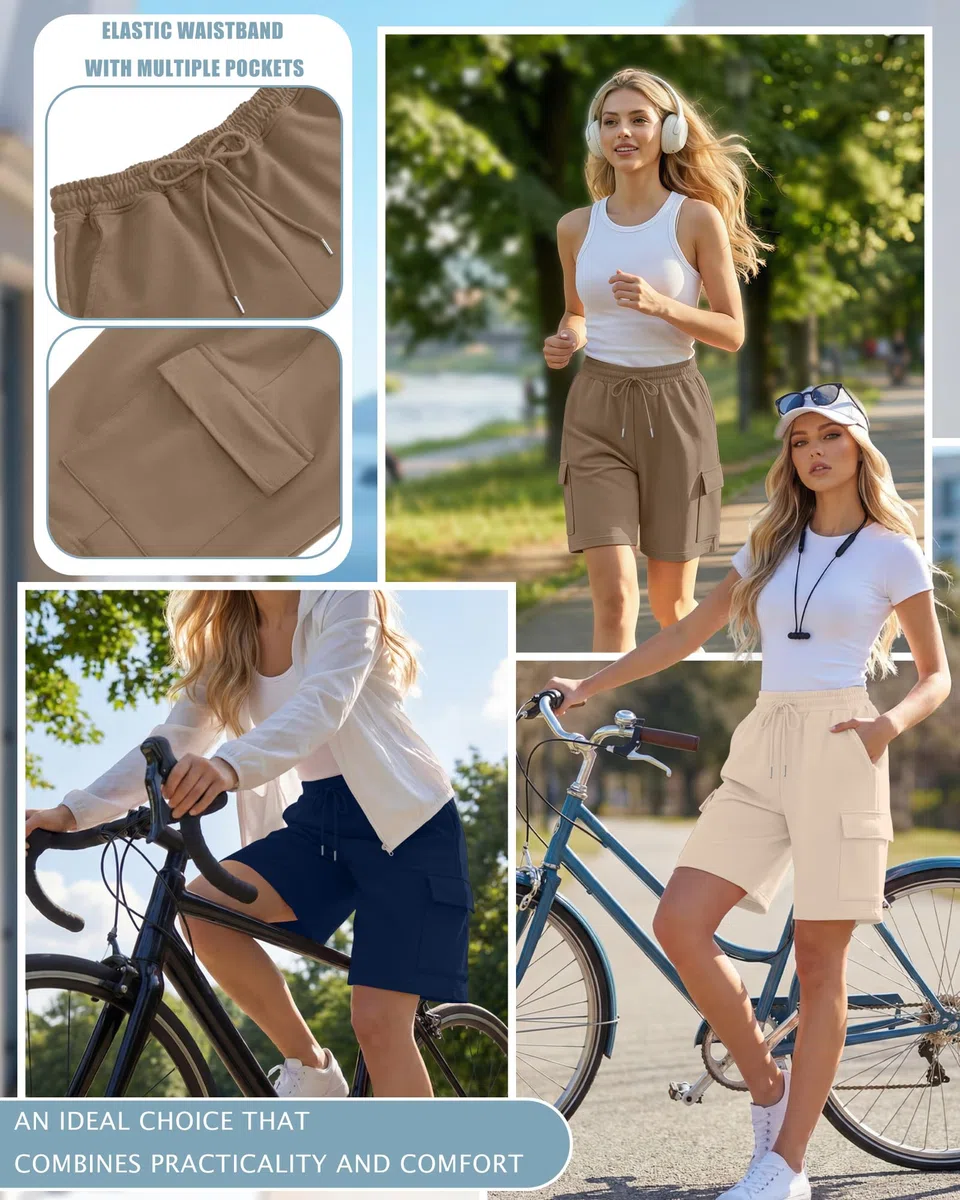 Neer 3er-Pack Damen Cargoshorts Bermuda Elastischer Bund mit Kordelzug Knielang Yogashorts Lässig mit Cargotaschen