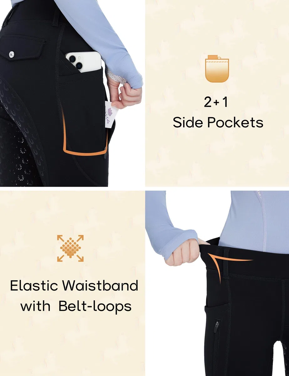FitsT4 Sports Kinder Winter Reitleggings Winterreithose Silikon Vollbesatz Thermo Reithose Mädchen mit Gürtelschlaufenund Taschen
