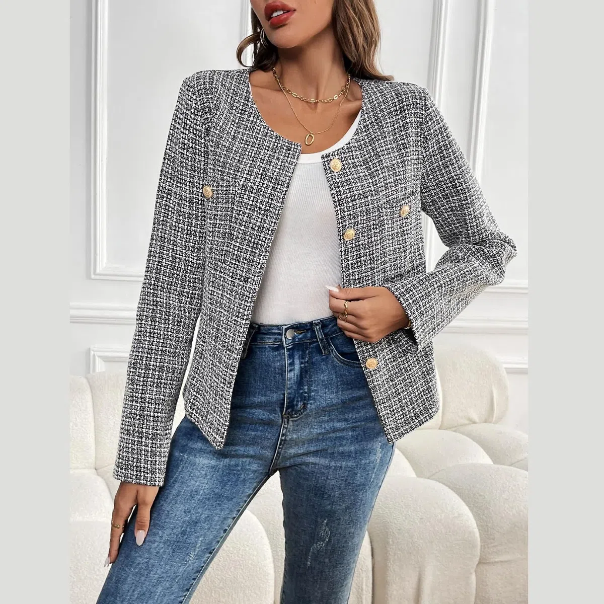 Damen Tweed Blazer Jacke – Langarm, Große, Rundhals, Business Casual Mantel, Chic und Komfortabel für Jede Gelegenheit