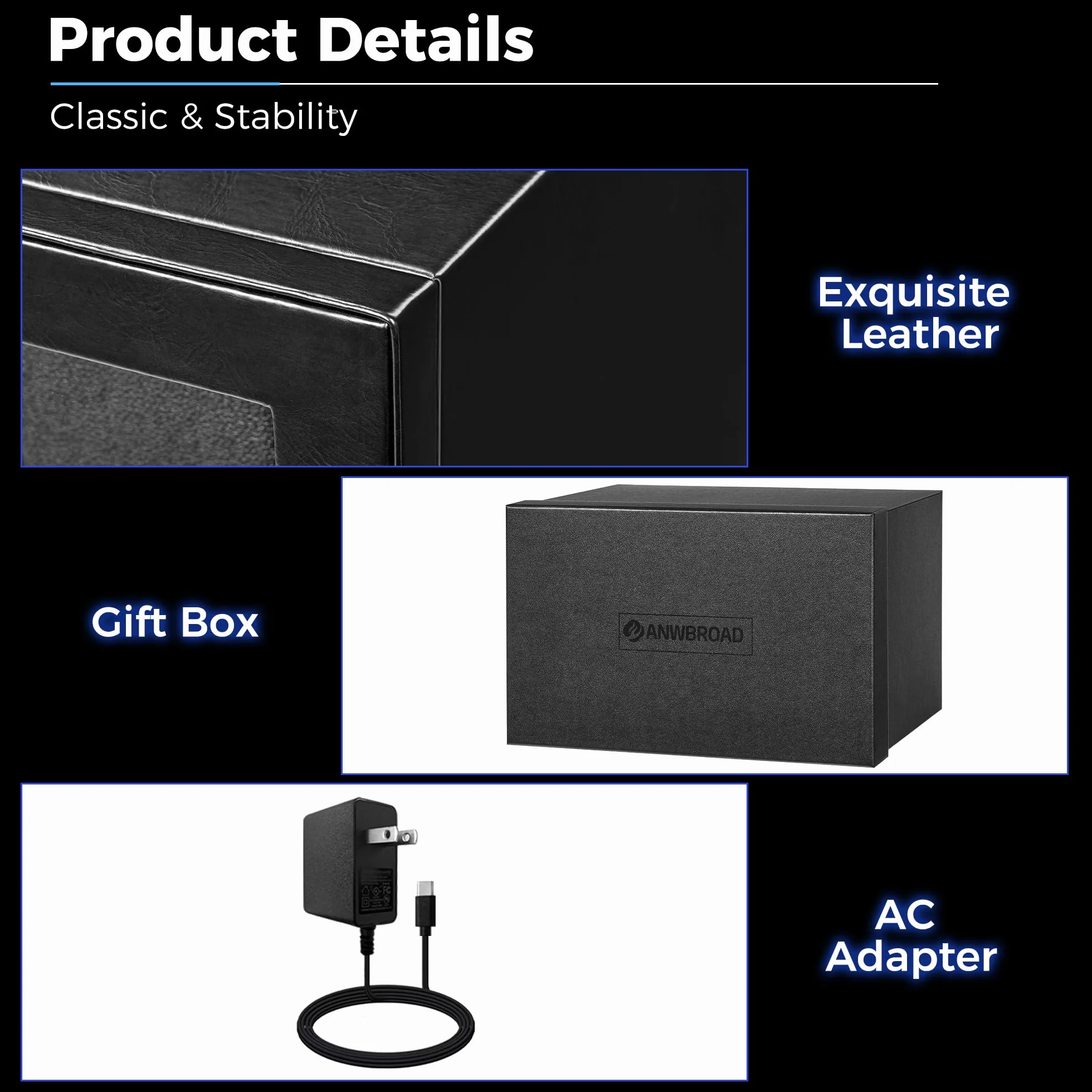 ANWBROAD Uhrenbeweger für Automatikuhren Doppel-Uhrenrotator mit LED und 4 Drehmodi Uhrendreher Superleiser Mabuchi-Motor Uhrenbeweger-Box mit Adapter Geschenk für Männer JWW004B