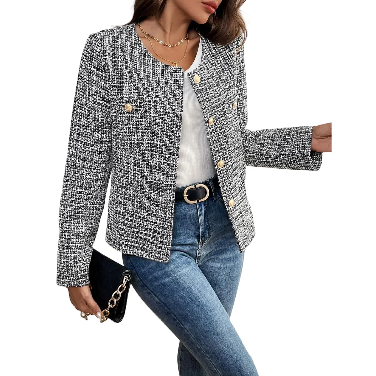 Damen Tweed Blazer Jacke – Langarm, Große, Rundhals, Business Casual Mantel, Chic und Komfortabel für Jede Gelegenheit