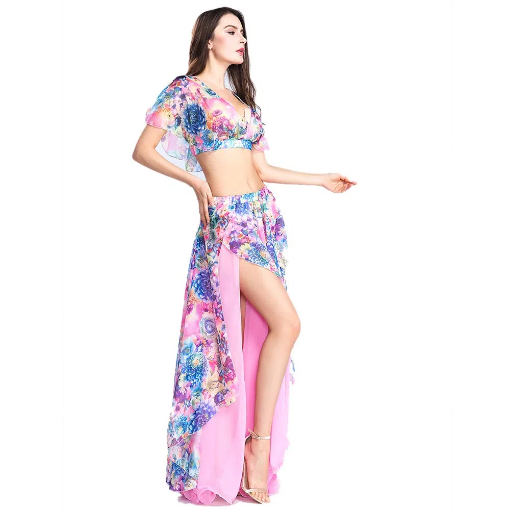 ROYAL SMEELA Bauchtanz Rock Bauchtanz Oberteil Anzug Sexy Bauchtanz kostüm Damen Performance Kleider Blumen Chiffon Tanzen Tops Röcke Tanz Outfit Set für Frauen Tanzkostüm Röcke Oberteil Tanzanzug