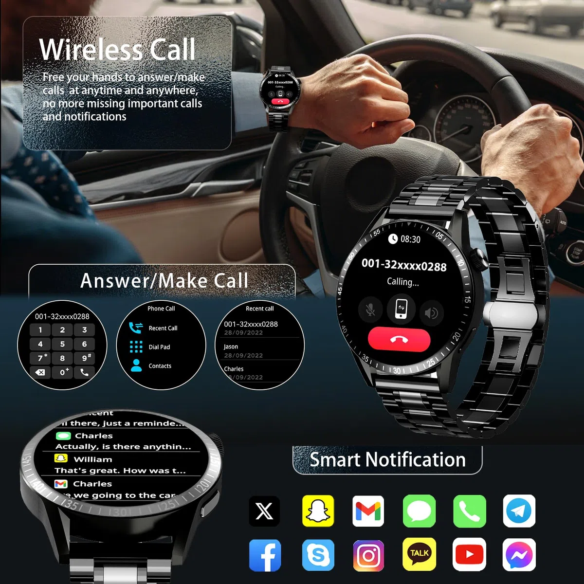 Smartwatch Herren mit 3 Uhrgürteln, Smartwatch mit Anruf-, Sprachassistent-und Nachrichtenfunktionen, Business-geeignet, über 100 Sportmodi, Sportuhr für Android und iOS, Schwarz