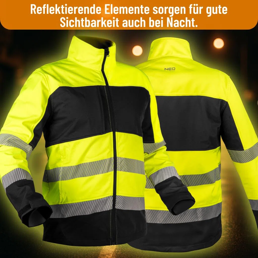 NEO TOOLS Warnschutz Softshell Jacke Klasse - Gelb/Schwarz, Reflektierende Streifen, Taschen mit Reißverschluss, Verstellbare Ärmel, Namensschild für Bau, Straße & Lager