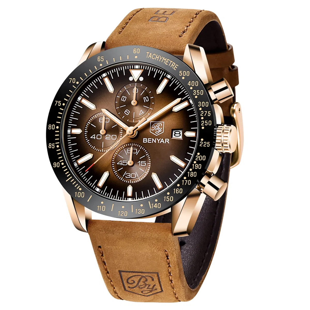 BENYAR BY herrenuhr Braun Leder Strap Quarz Chronograph Uhr Männer Datum Kalender Wasserdicht Armbanduhr Herren Sport mit Blau/Schwarz Zifferblatt
