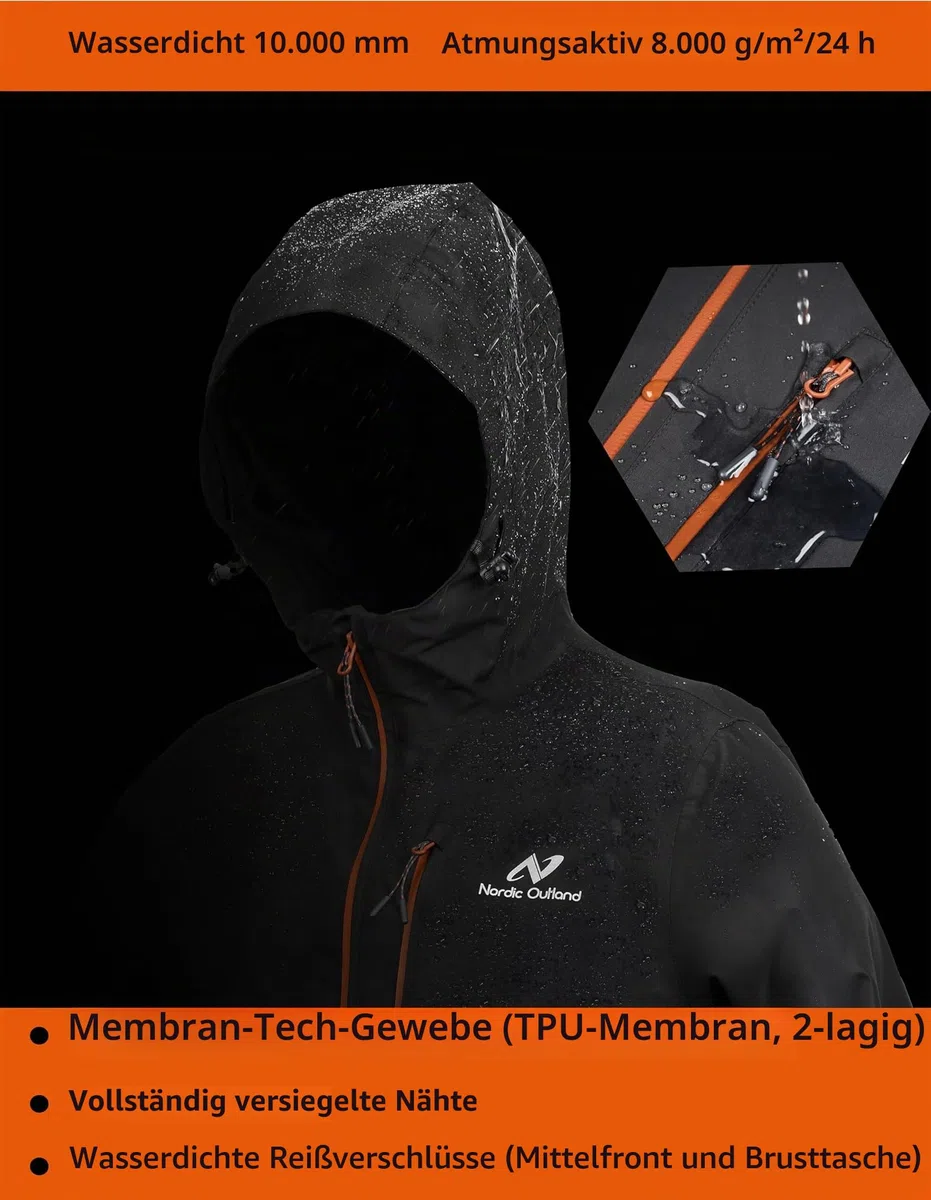 NORDIC OUTLAND Regenjacke für Herren, wasserdicht, atmungsaktiv, langer Regenmantel mit Kapuze, Netzfutter, Windbreaker für Outdoor-Aktivitäten