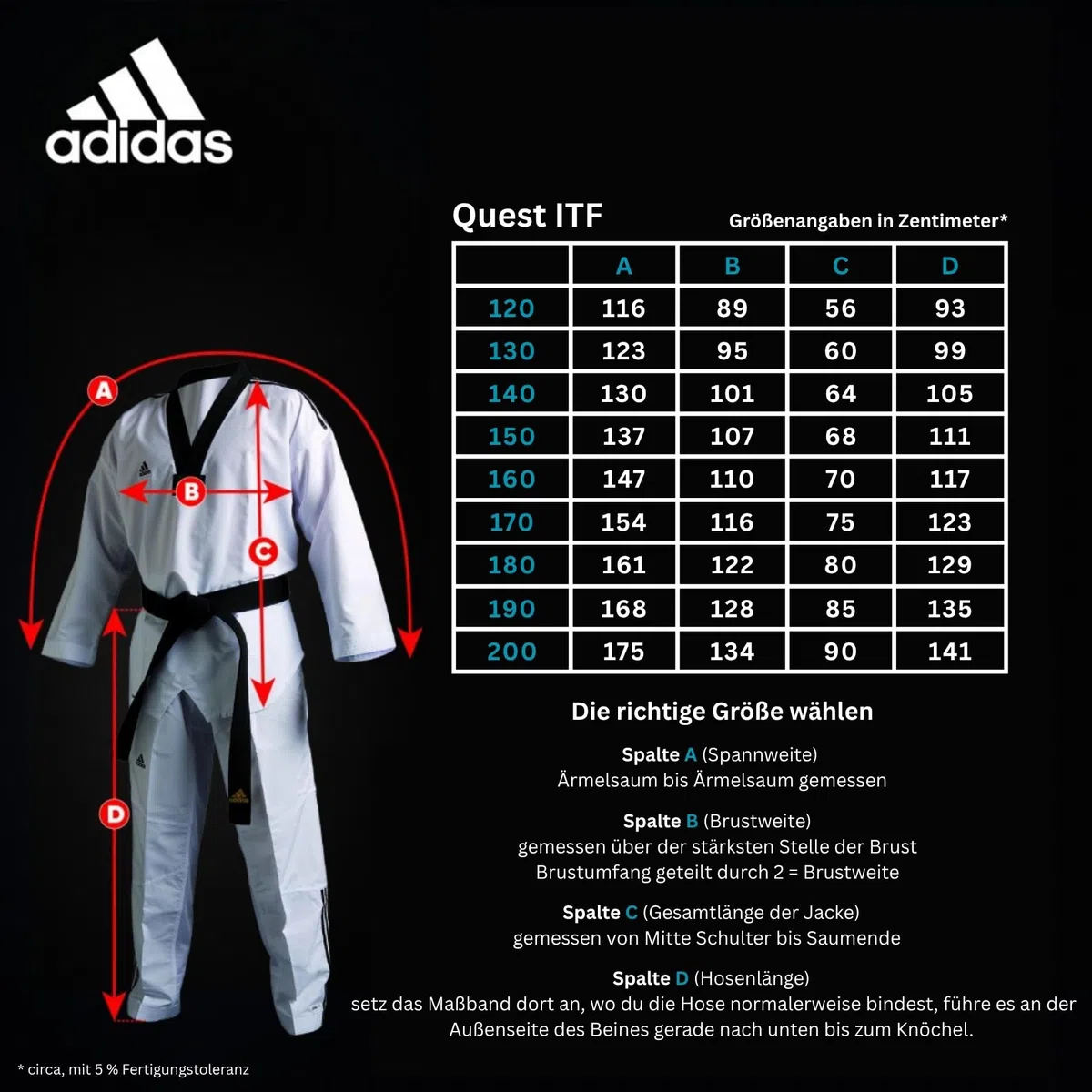 adidas Taekwondoanzug Quest ITF | Dobok mit neuem ITF Logo | für Kinder und Erwachsene | Leicht und atmungsaktiv | Revers Weiß | für Training und Wettkampf | für Körpergröße 120-200 cm