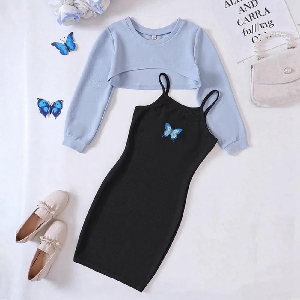 Zweiteiler Mädchen Bekleidungssets Outfit ärmelloses figurbetontes Cami Kleid & langärmliges Oberteil Crop Tops Sommer Teenager Mädchen Schmetterlings Kleider 122,128,134,140,146,152,158,164