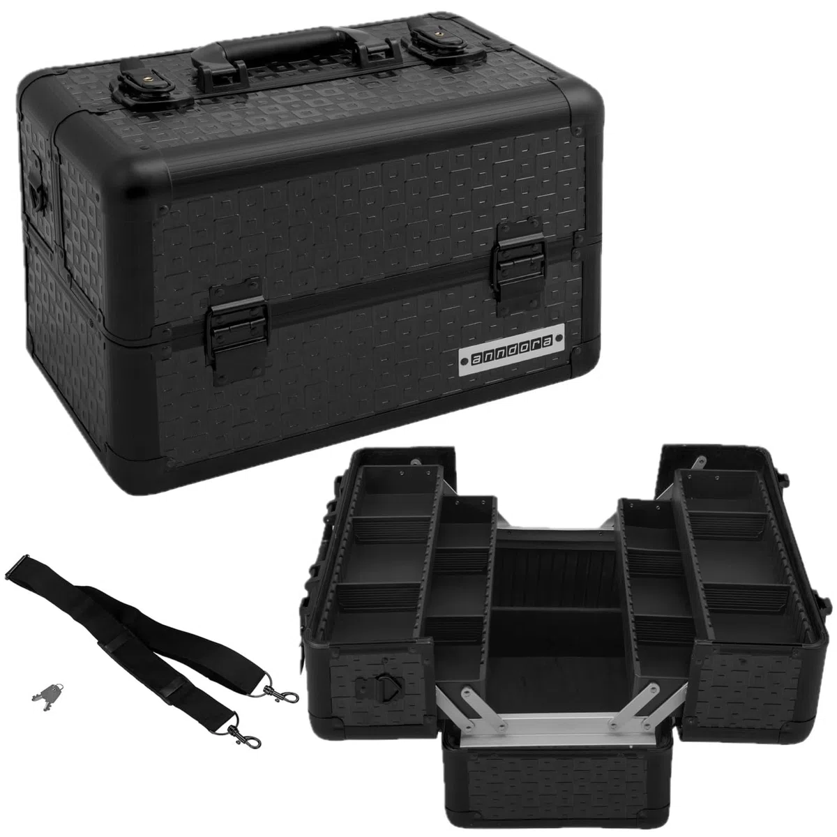 anndora Beauty Case Kosmetikkoffer - Robuster Schminkkoffer, Werkzeugkoffer, Aluminium Make-Up Koffer mit Fächern - Ideal für Reisen und professionelle Anwendungen, abschließbar, Schwarz
