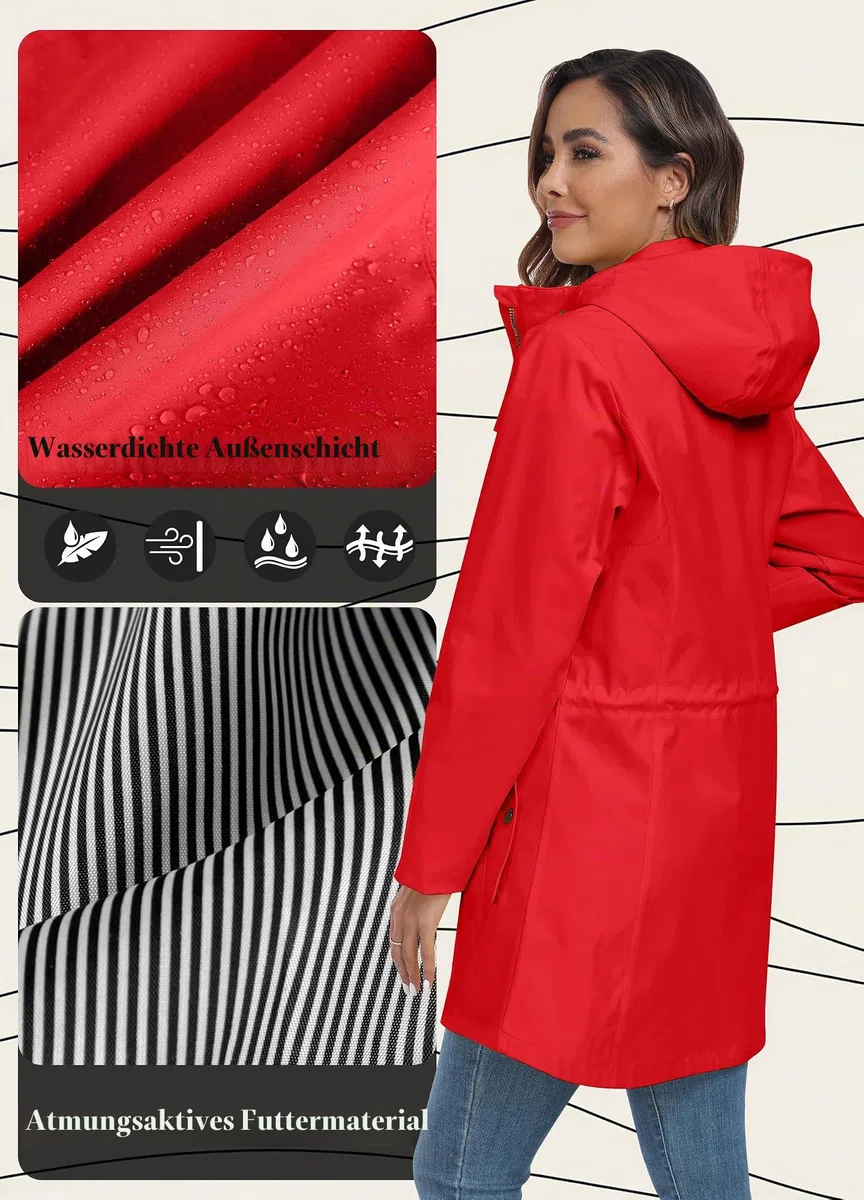 Regenjacke Regenmantel Damen Kapuze Lang Women Rain Jacket Frauen Übergangsjacke Softshelljacke Wasserdicht Trenchcoat Outdoor Schwarz S