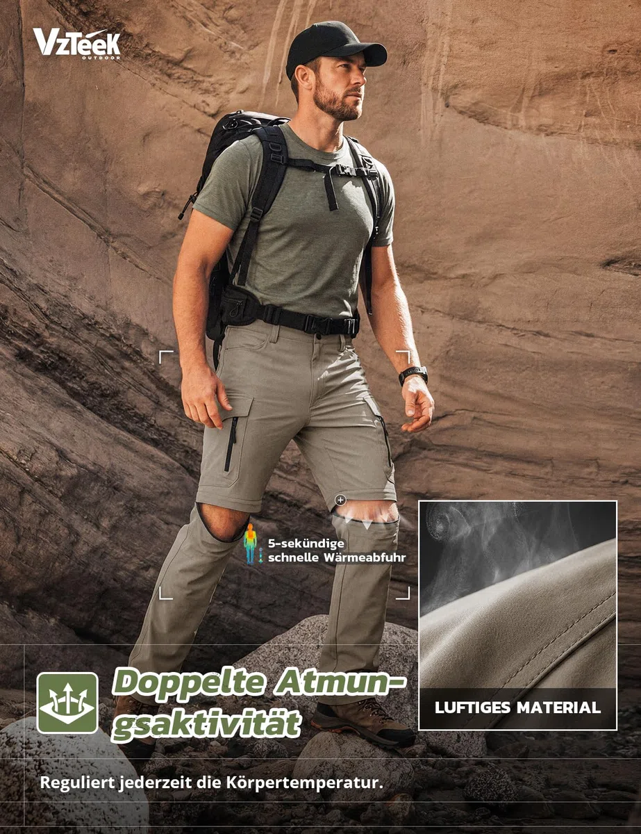 Herren Wanderhose Zip Off Trekkinghose Outdoorhose Sommer Softshell Stretch Hose Kurz für Wandern,Baggy,Fahrrad,arbeits