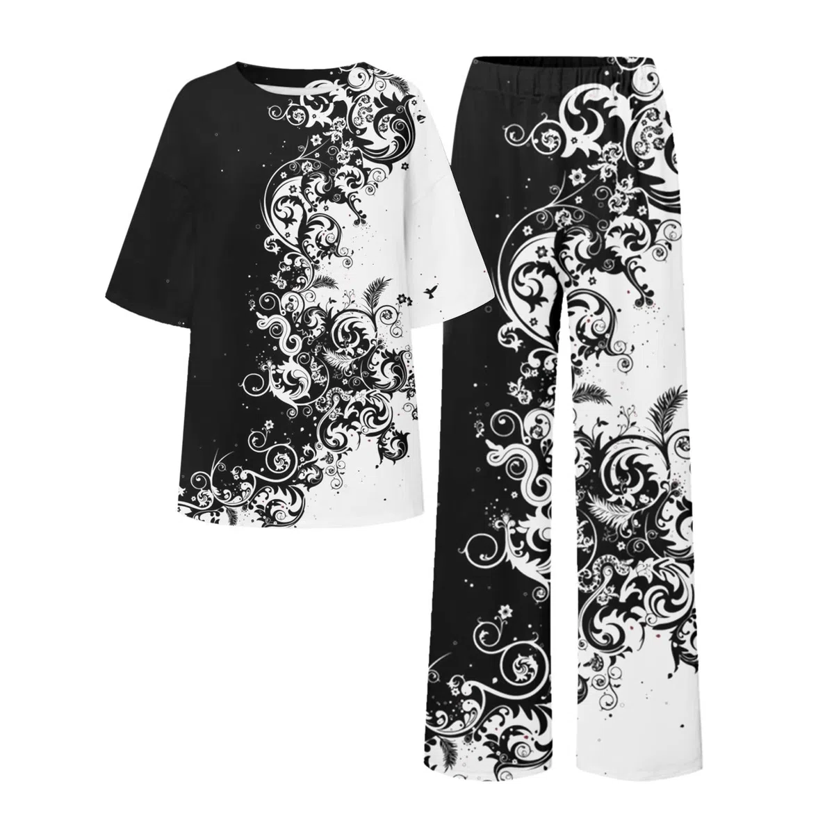 Zweiteiler Damen, Zweiteiler Damen Sommer Outfits Blumen Druck Kurzarm Tshirt Oberteile Lange Hosen Set Baggy Breite Beine Set 2 Teiler Damen Sommer Lang Leicht Hosenanzug Hausanzug