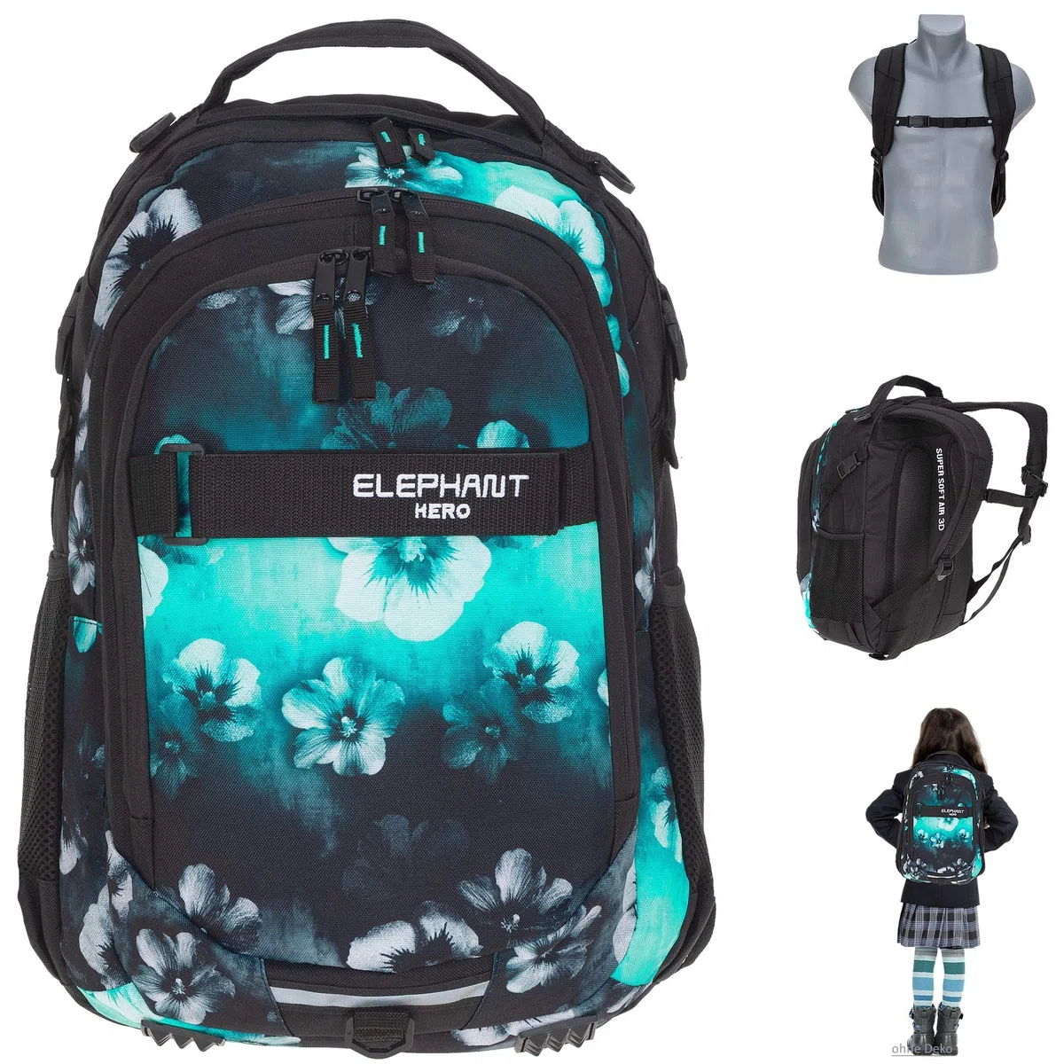 Elephant 3 Teile Set Schulrucksack Hero Signature Rucksack + Sporttasche + Mäppchen 12609 (Flower Türkis-Schwarz Verlauf)