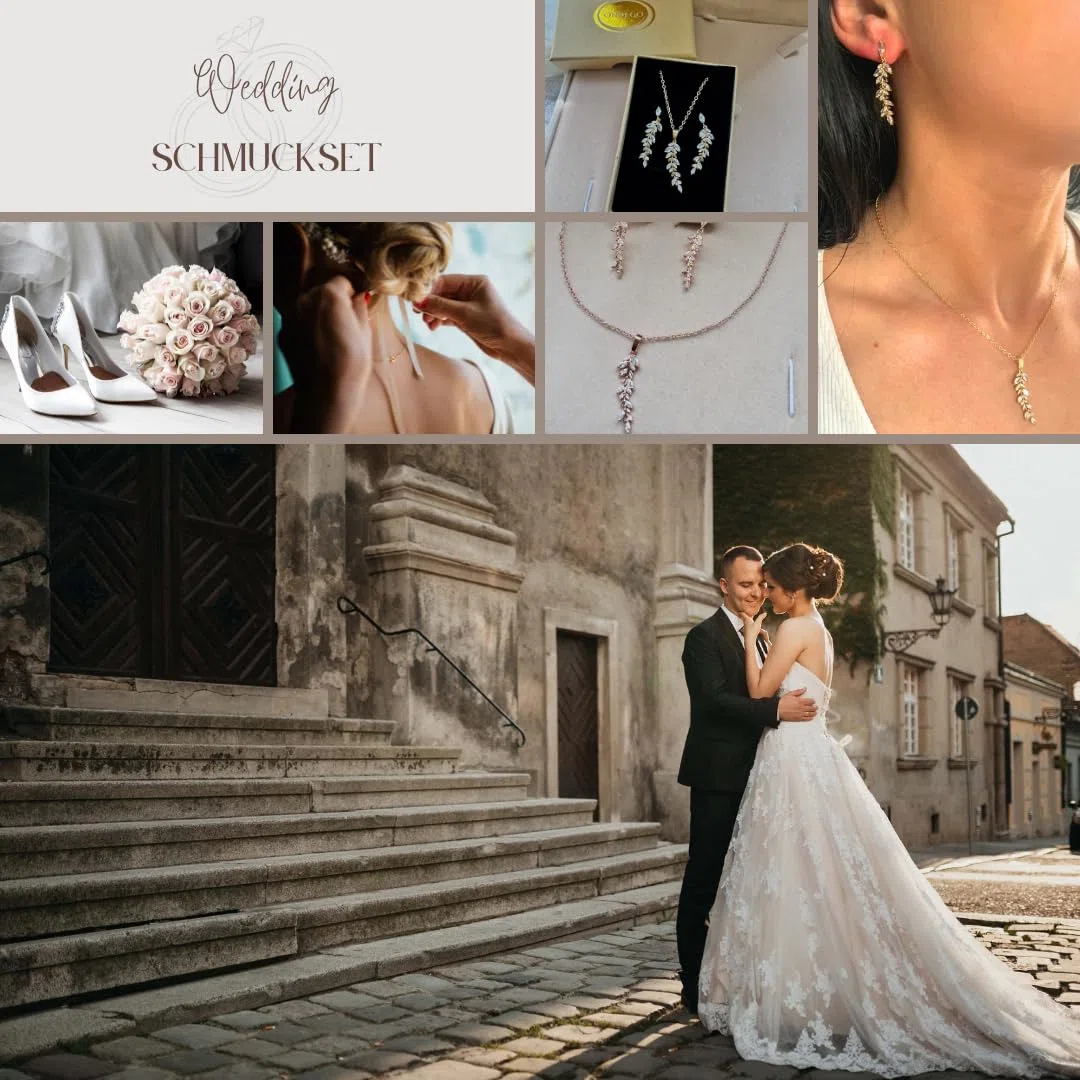 Elegantes Brautschmuck Set mit Zirkonia, Halskette und Ohrringe, Gold Silber oder Rosegold, Rückenkette abnehmbar, Schmuckset, Blatt, Blätter, Hochzeit